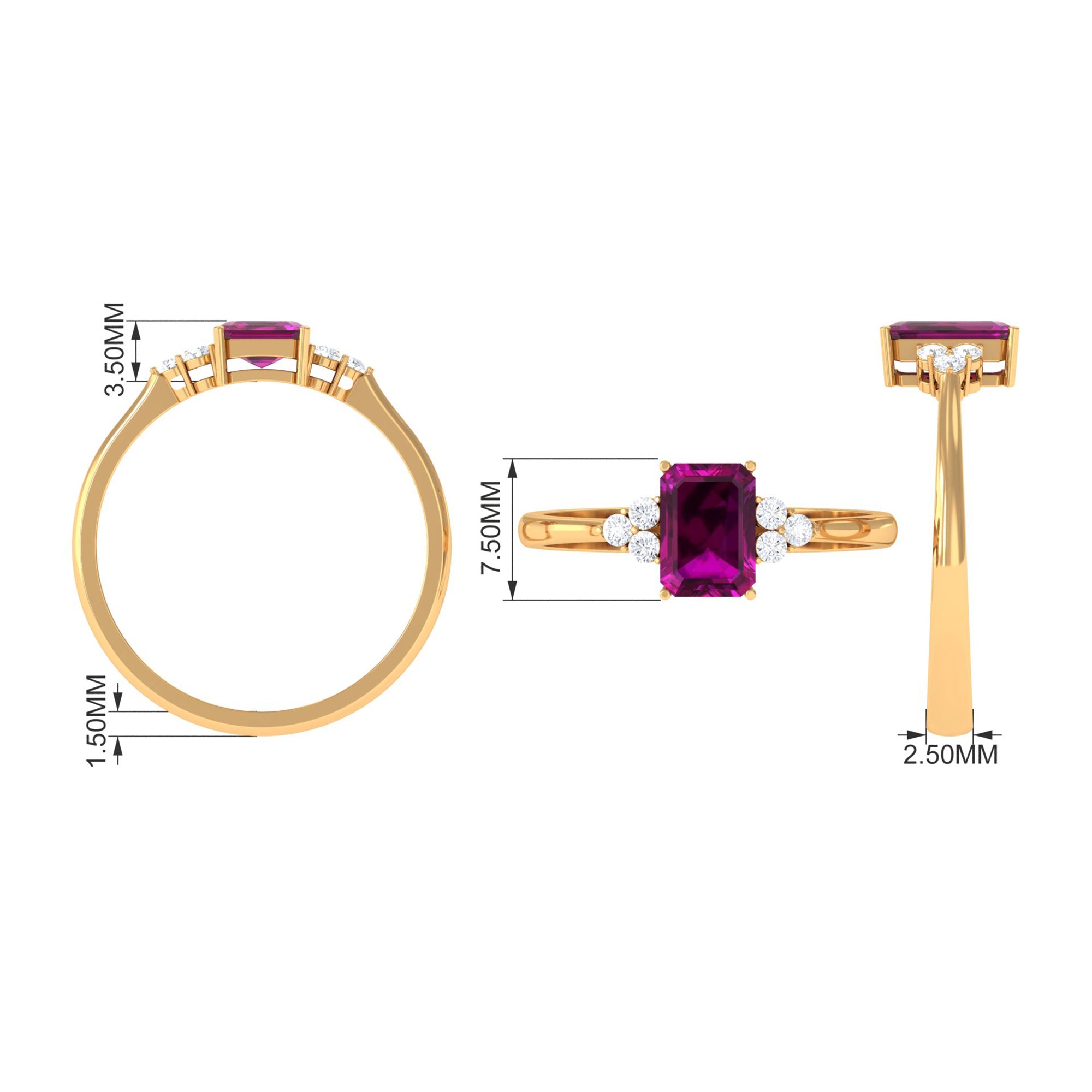 Emerald Cut Rhodolite Solitaire Engagement Ring with Diamond Trio Rhodolite - ( AAA ) - Quality - Rosec Jewels