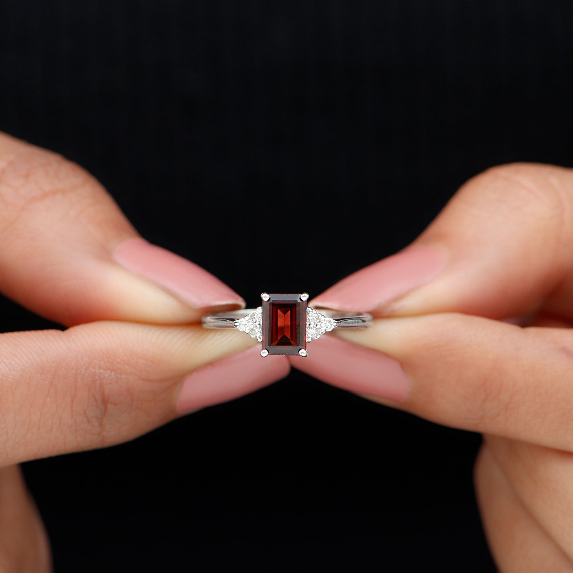 2.5 CT Emerald Cut Garnet Solitaire Engagement Ring with Diamond Trio Garnet - ( AAA ) - Quality - Rosec Jewels