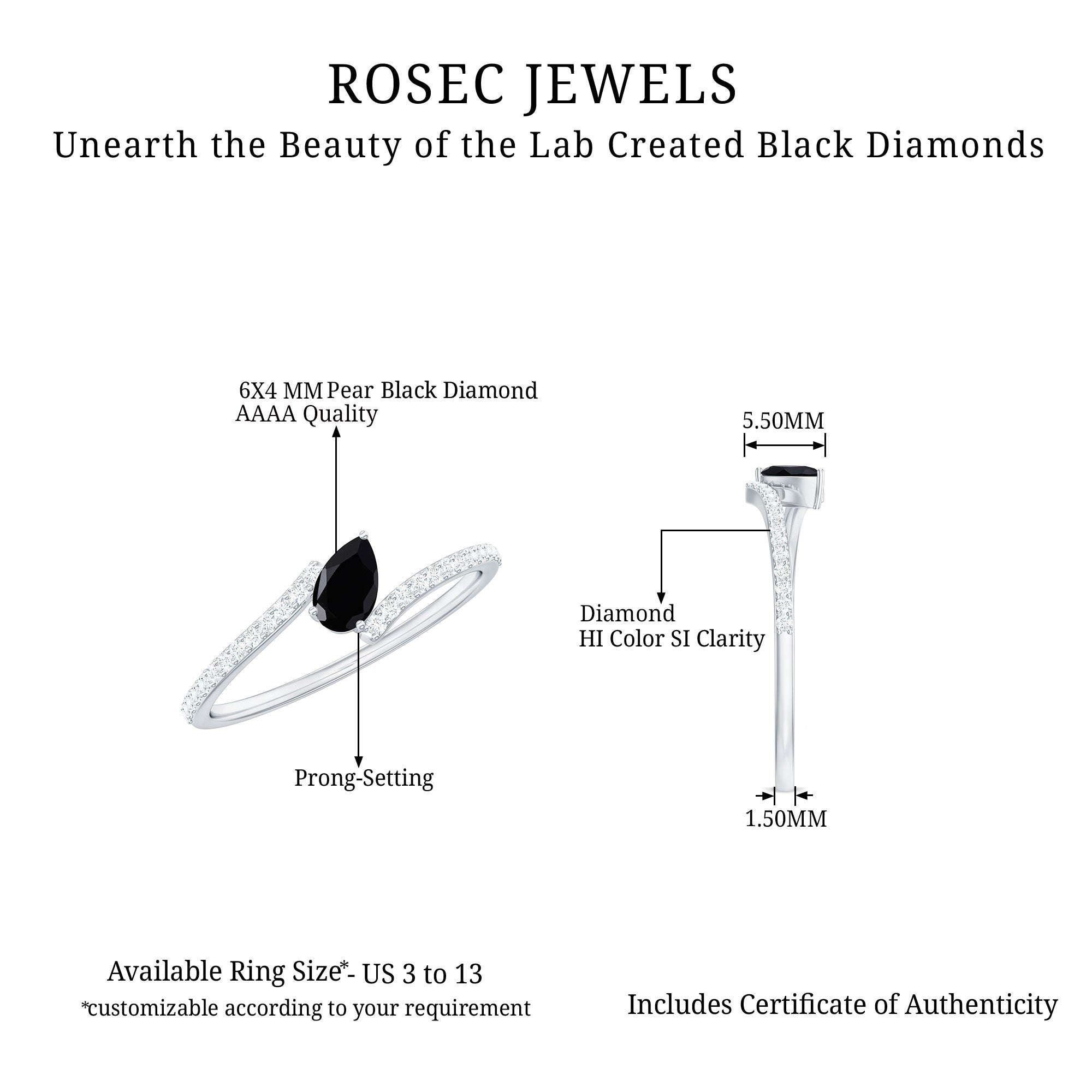 Lab Grown Black Diamond Titled Bypass Promise Ring with Diamond Lab Created Black Diamond - ( AAAA ) - Quality - Rosec Jewels