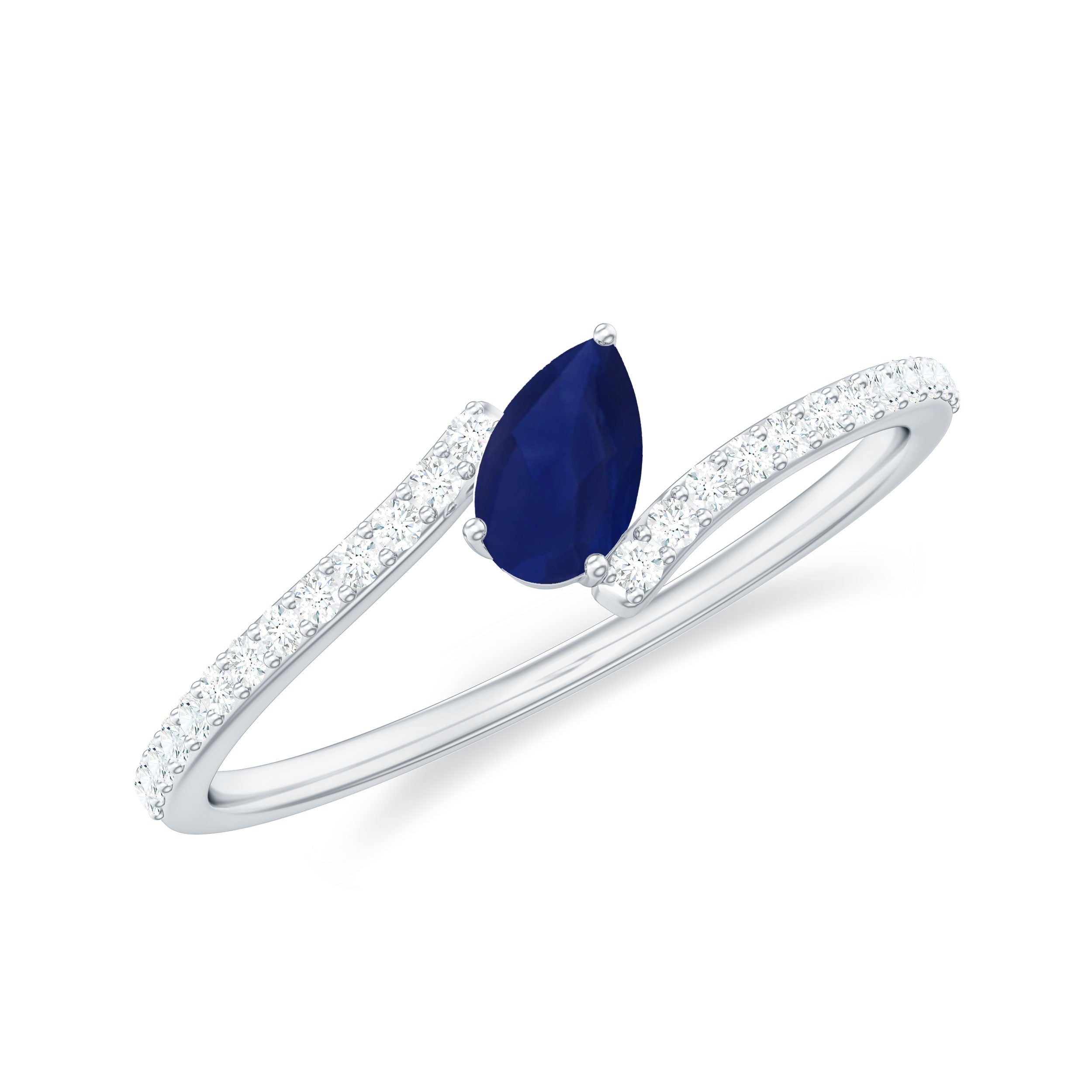 Tilted Pear Cut Blue Sapphire Solitaire Bypass Ring with Diamond Blue Sapphire - ( AAA ) - Quality - Rosec Jewels