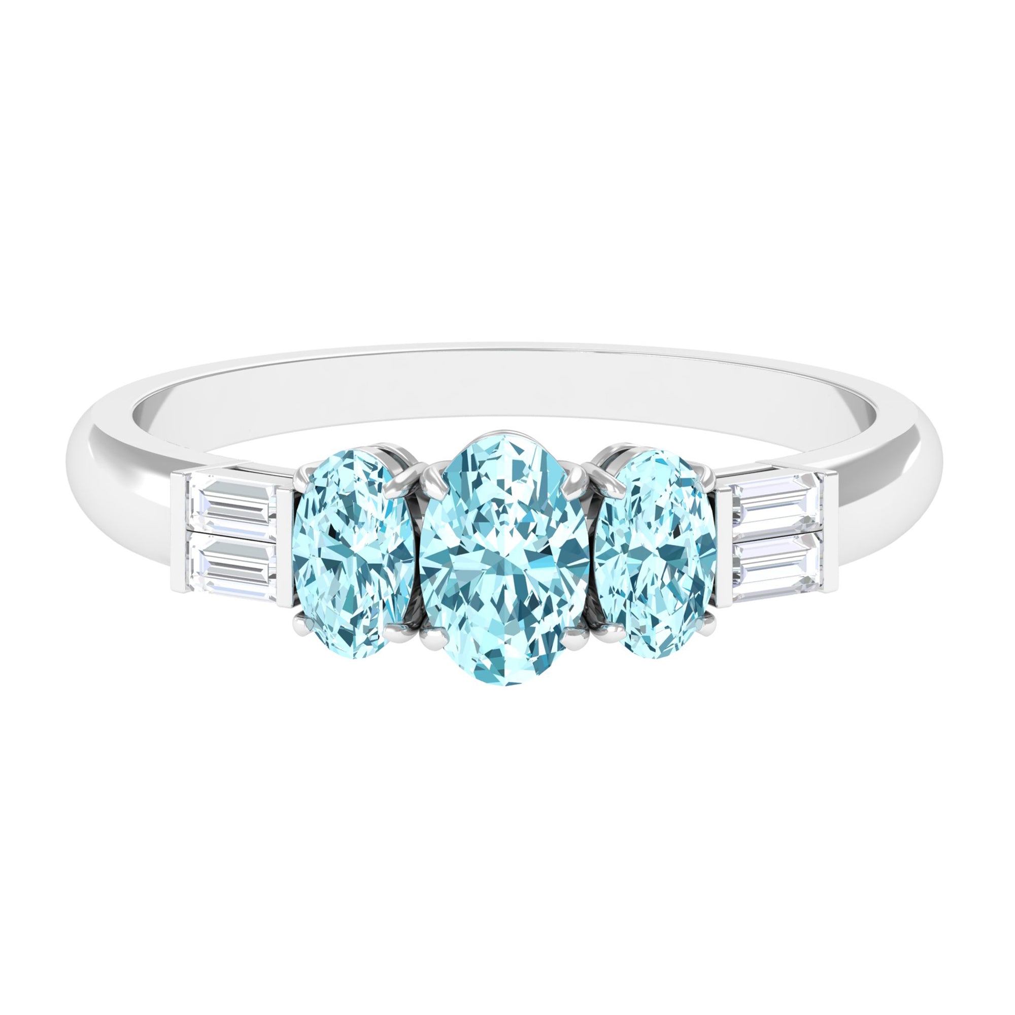 Oval Cut Aquamarine Three Stone Ring with Diamond Aquamarine - ( AAA ) - Quality - Rosec Jewels