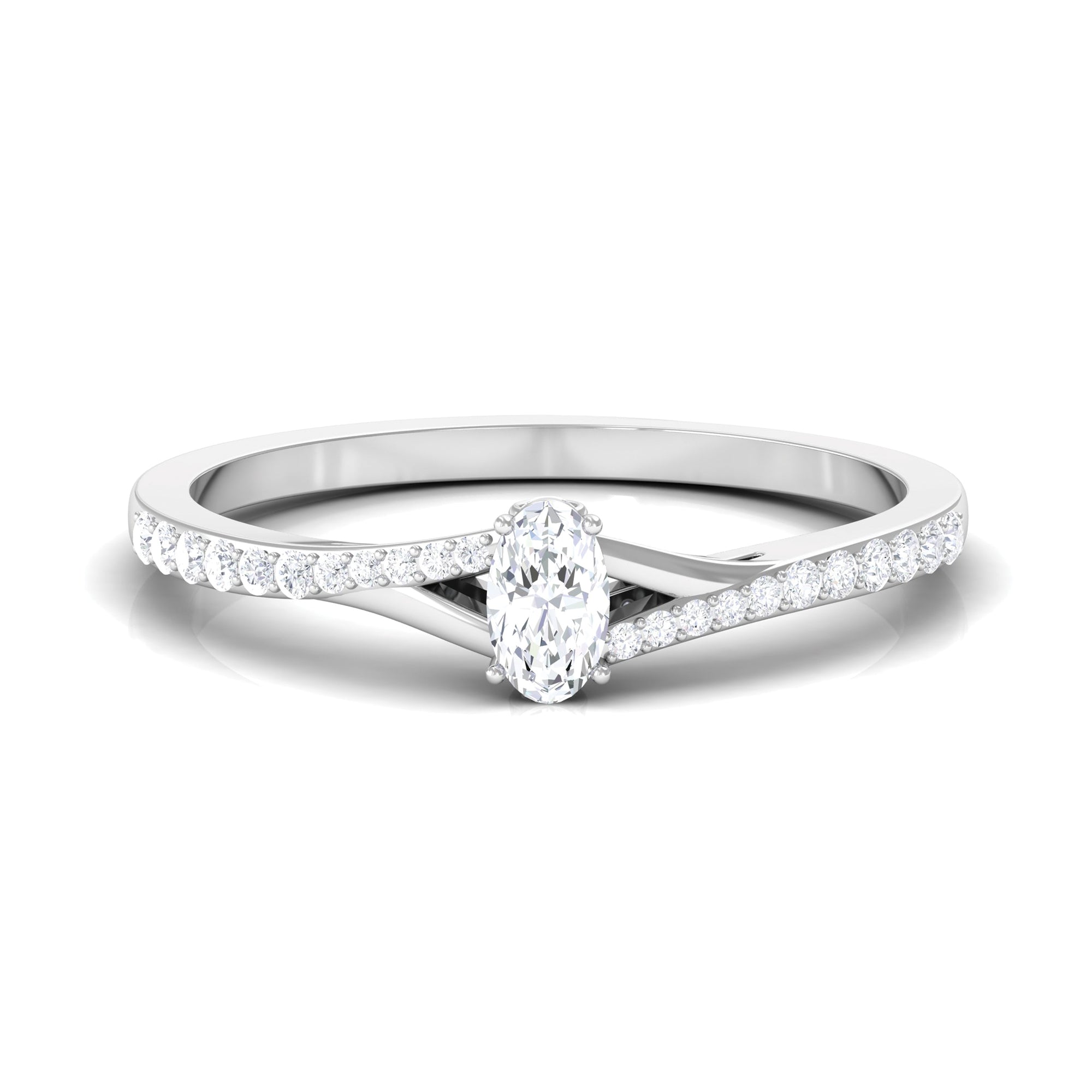 Minimal Oval Shape Moissanite Solitaire Ring in Split Shank Moissanite - ( D-VS1 ) - Color and Clarity - Rosec Jewels