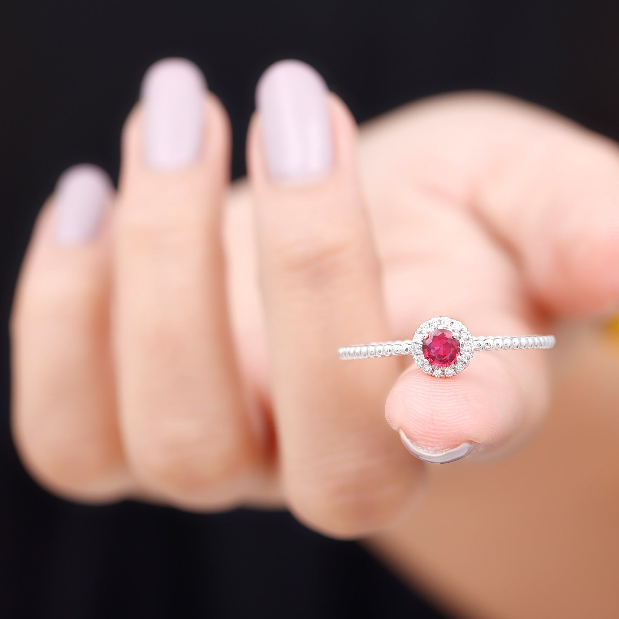 Minimal Ruby Promise Ring with Diamond Halo Ruby - ( AAA ) - Quality - Rosec Jewels