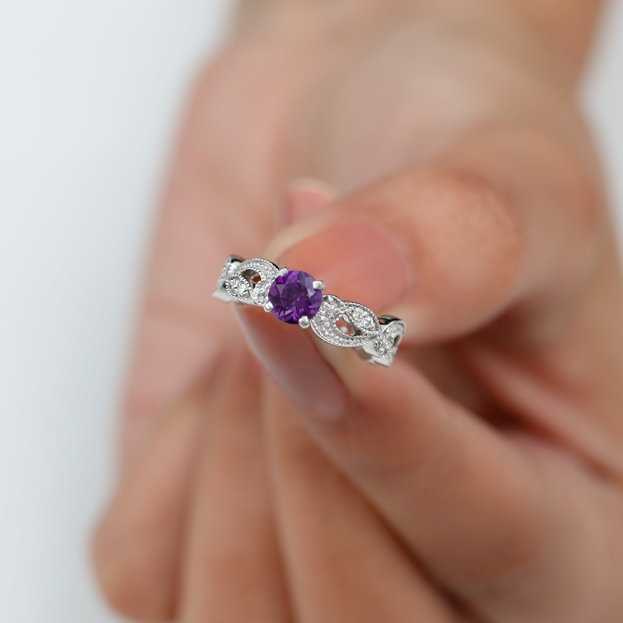 Antique Style Amethyst and Diamond Engagement Ring with Beaded Detailing Amethyst - ( AAA ) - Quality - Rosec Jewels