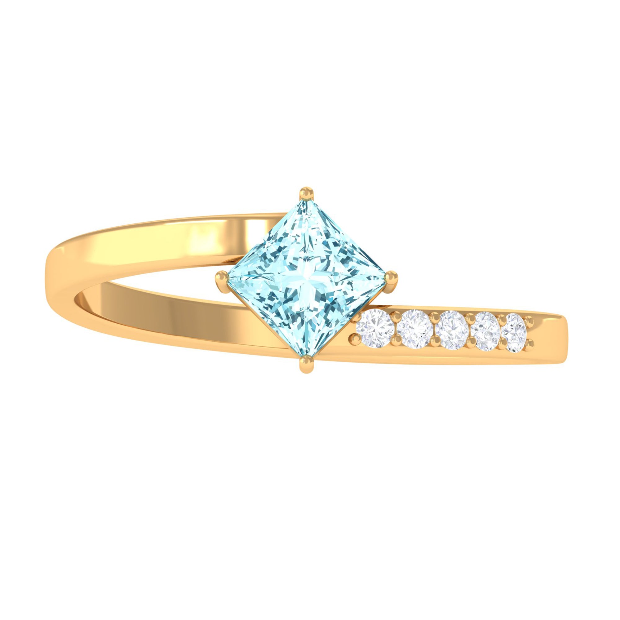 Princess Cut Aquamarine Bypass Solitaire Ring with Diamond Aquamarine - ( AAA ) - Quality - Rosec Jewels