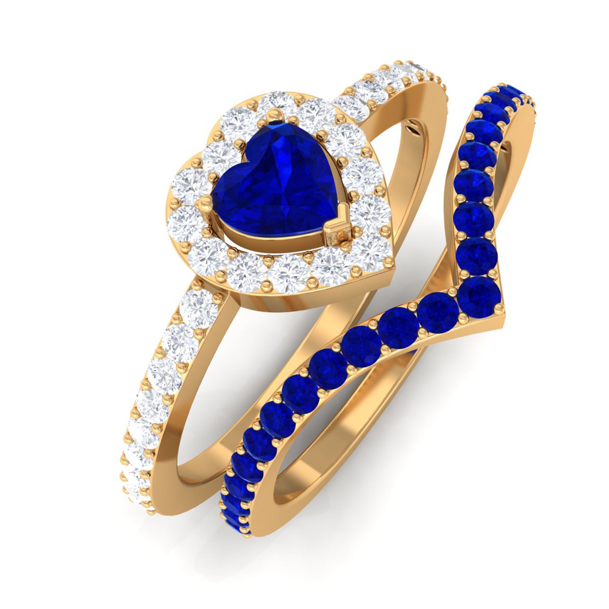 1 CT Created Blue Sapphire and Diamond Heart Wedding Ring Set Lab Created Blue Sapphire - ( AAAA ) - Quality - Rosec Jewels