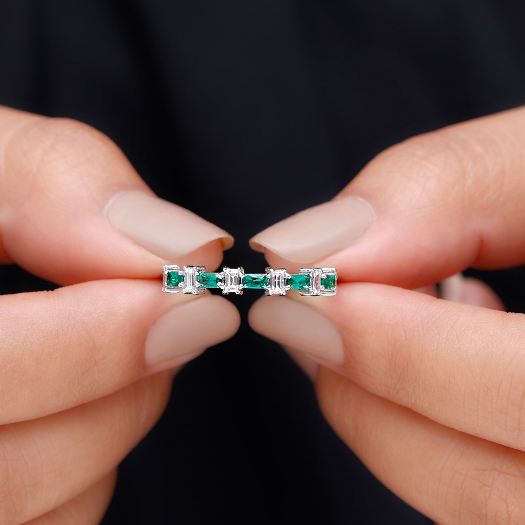 Baguette Cut Created Emerald and Diamond Half Eternity Ring Lab Created Emerald - ( AAAA ) - Quality - Rosec Jewels