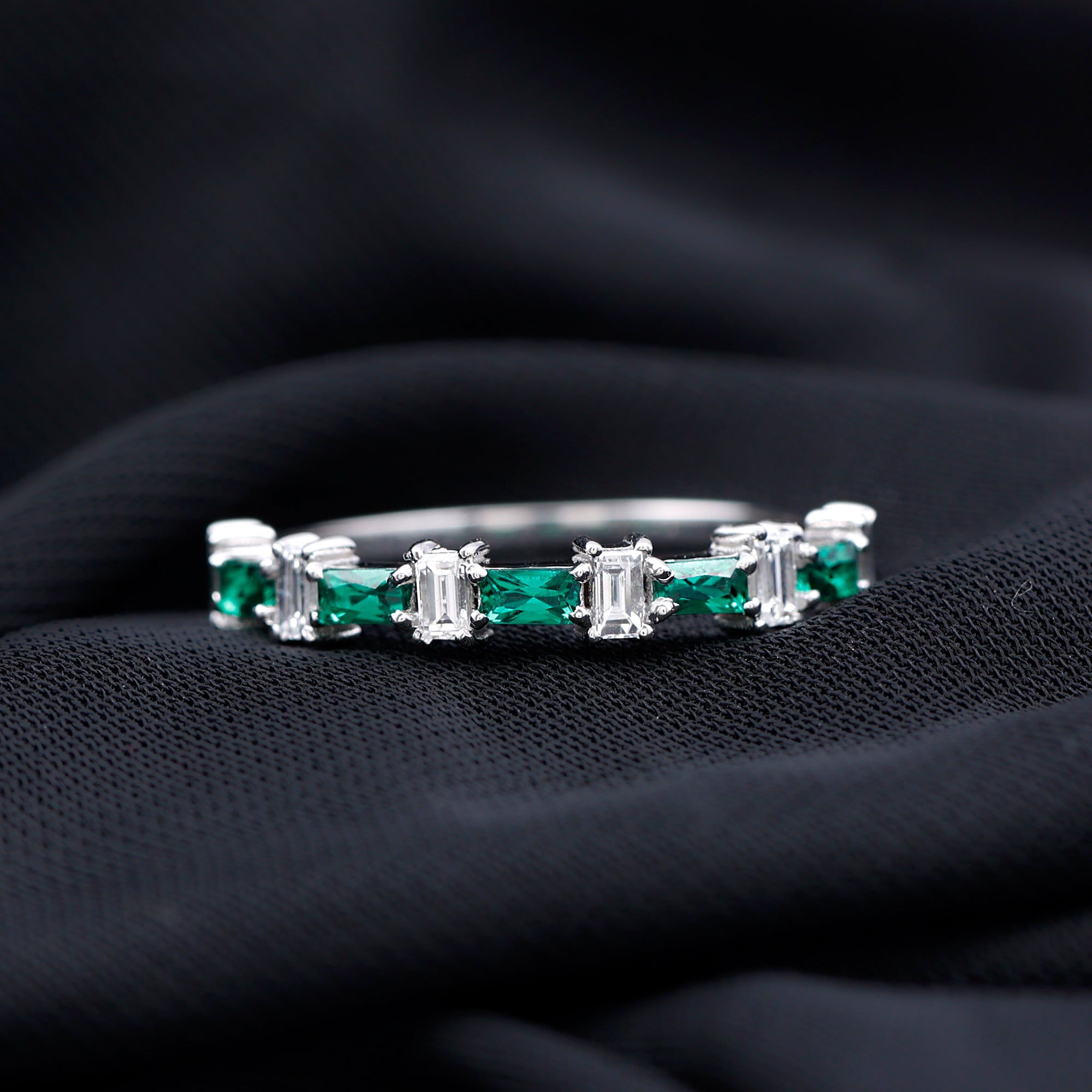 Baguette Cut Created Emerald and Diamond Half Eternity Ring Lab Created Emerald - ( AAAA ) - Quality - Rosec Jewels