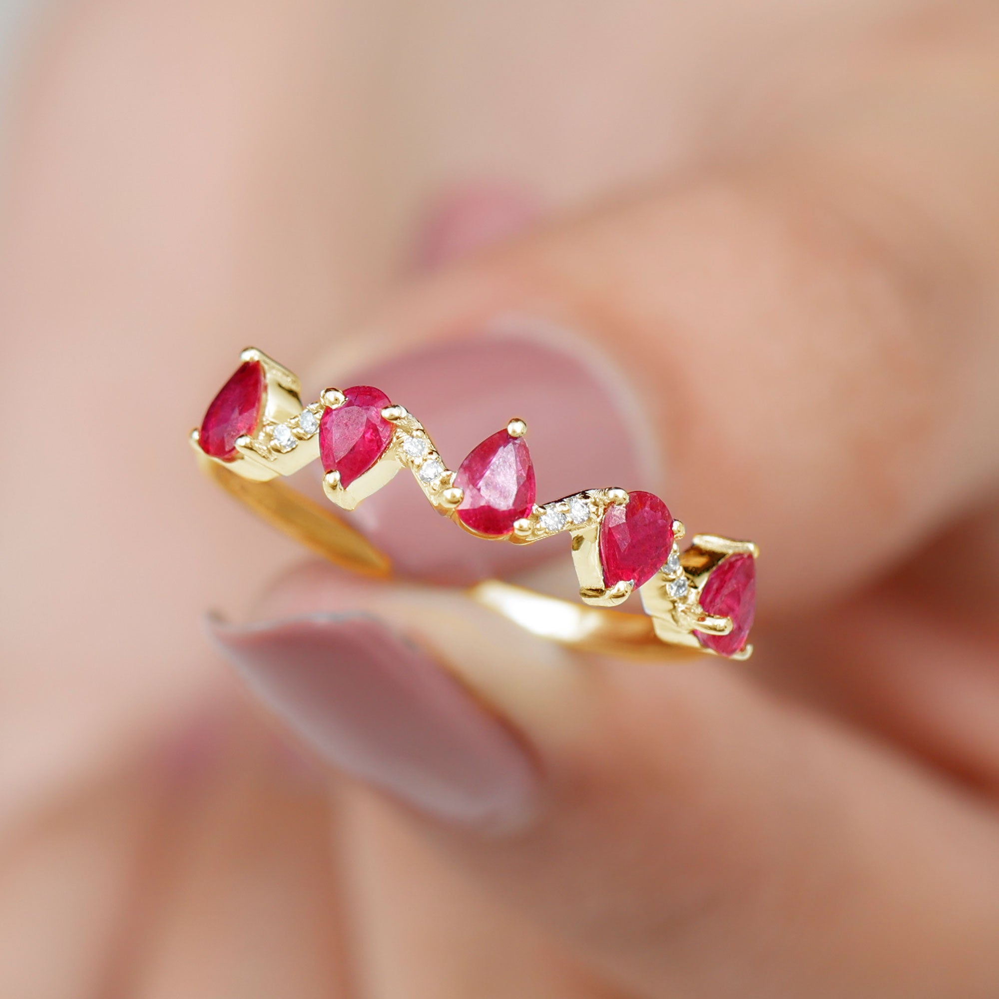 Pear Cut Natural Ruby and Diamond Half Eternity Ring Ruby - ( AAA ) - Quality - Rosec Jewels