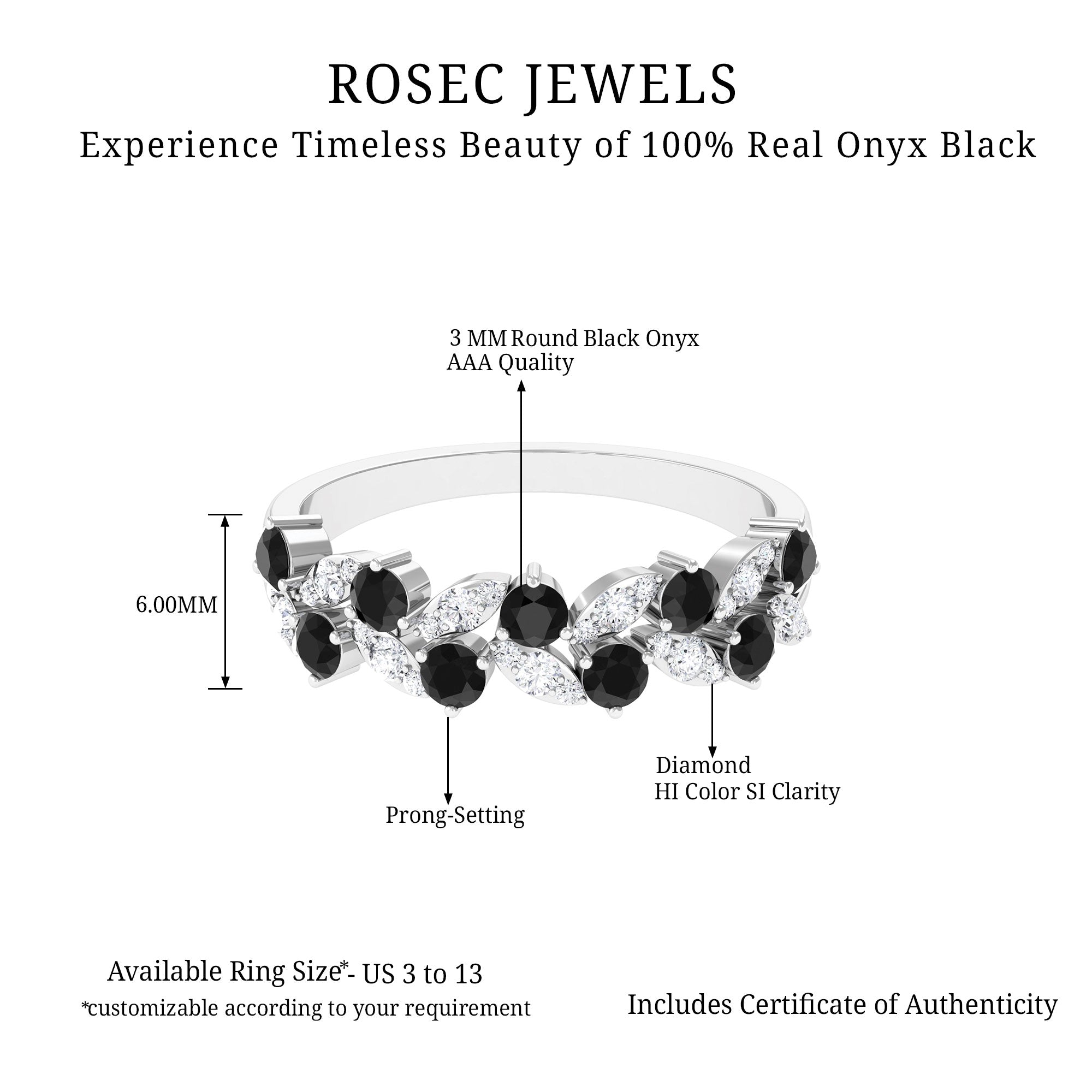 Nature Inspired Black Onyx and Diamond Leaf Eternity Ring Black Onyx - ( AAA ) - Quality - Rosec Jewels