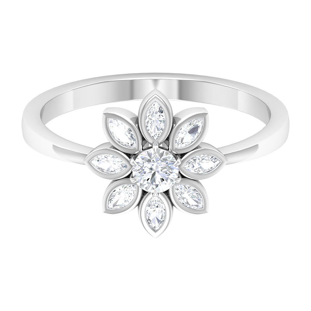 Round and Marquise Zircon Flower Ring Zircon - ( AAAA ) - Quality - Rosec Jewels