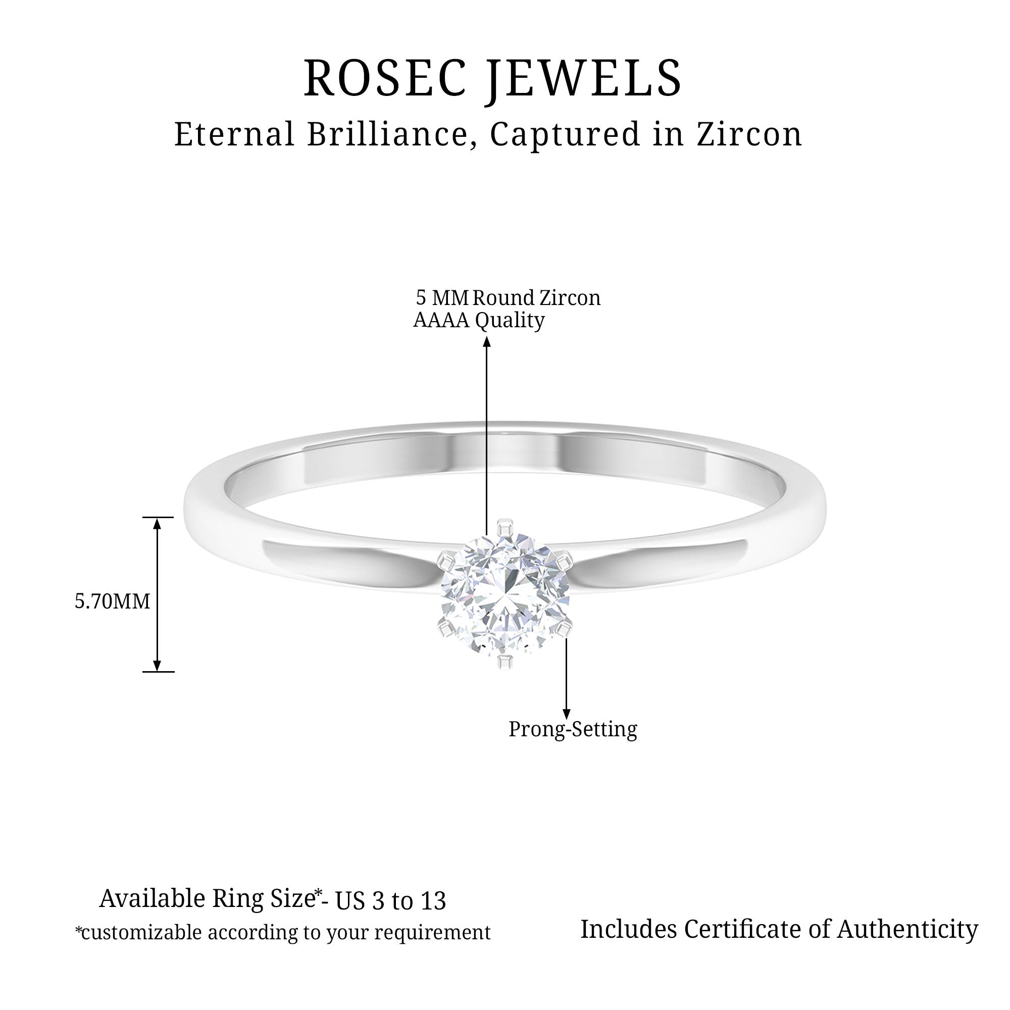 5 MM Round Zircon Solitaire Promise Ring Zircon - ( AAAA ) - Quality - Rosec Jewels