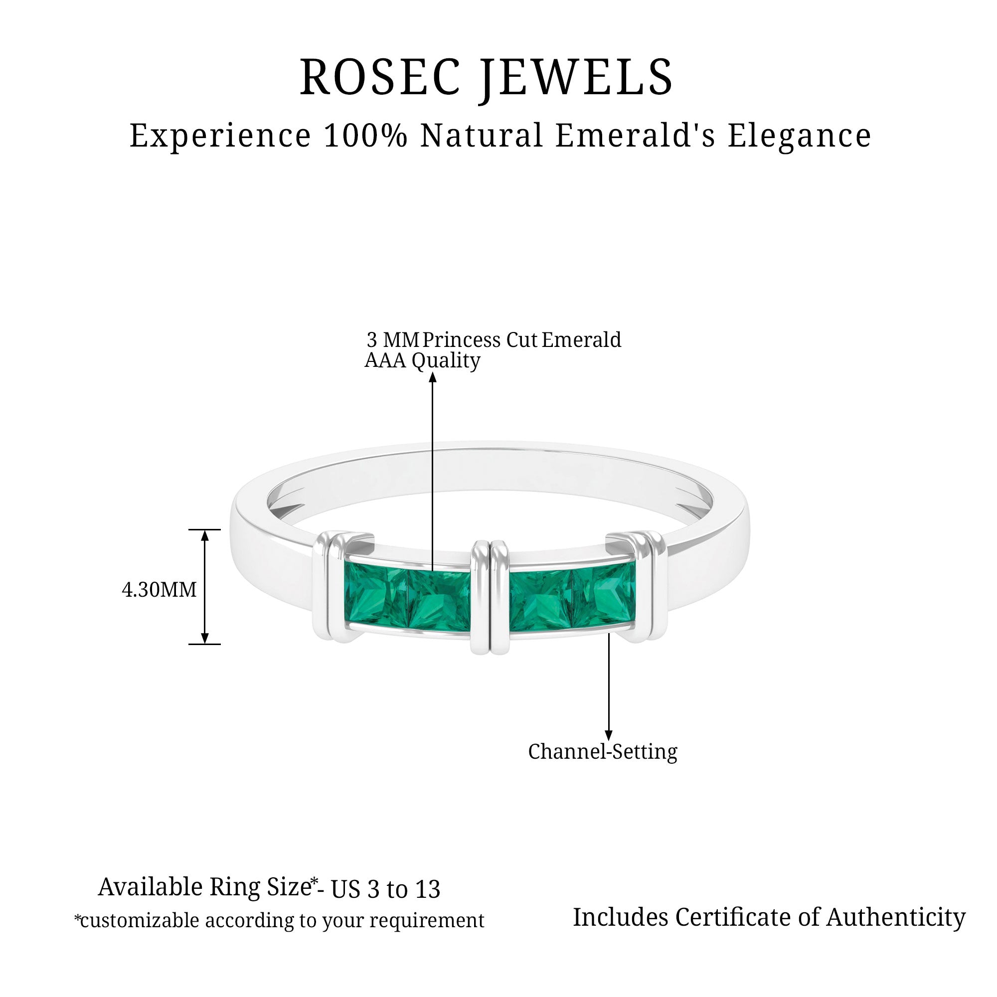 Princess Cut Emerald Band Ring in Channel Setting Emerald - ( AAA ) - Quality - Rosec Jewels