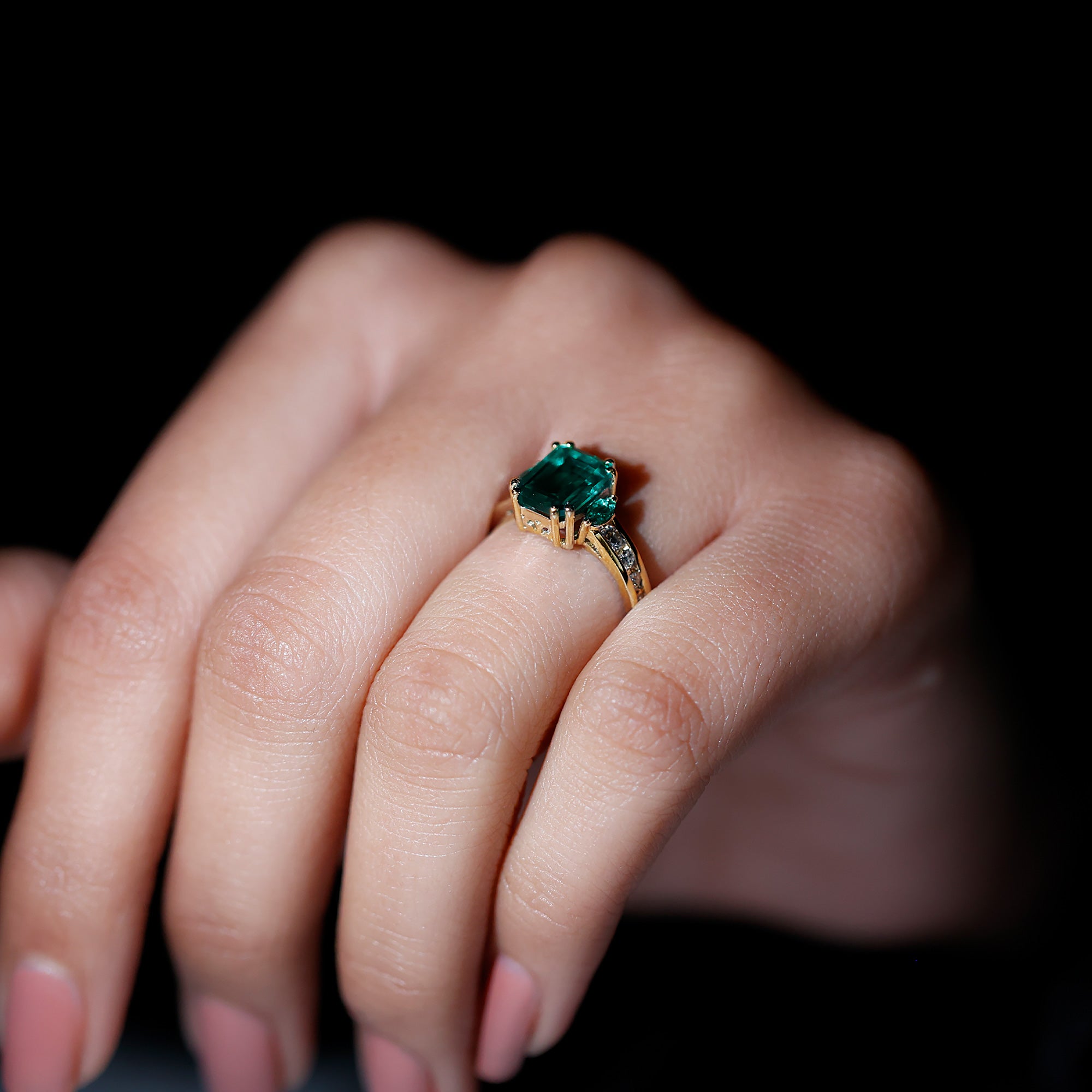 Created Emerald Cocktail Engagement Ring with Diamond Side Stones Lab Created Emerald - ( AAAA ) - Quality - Rosec Jewels