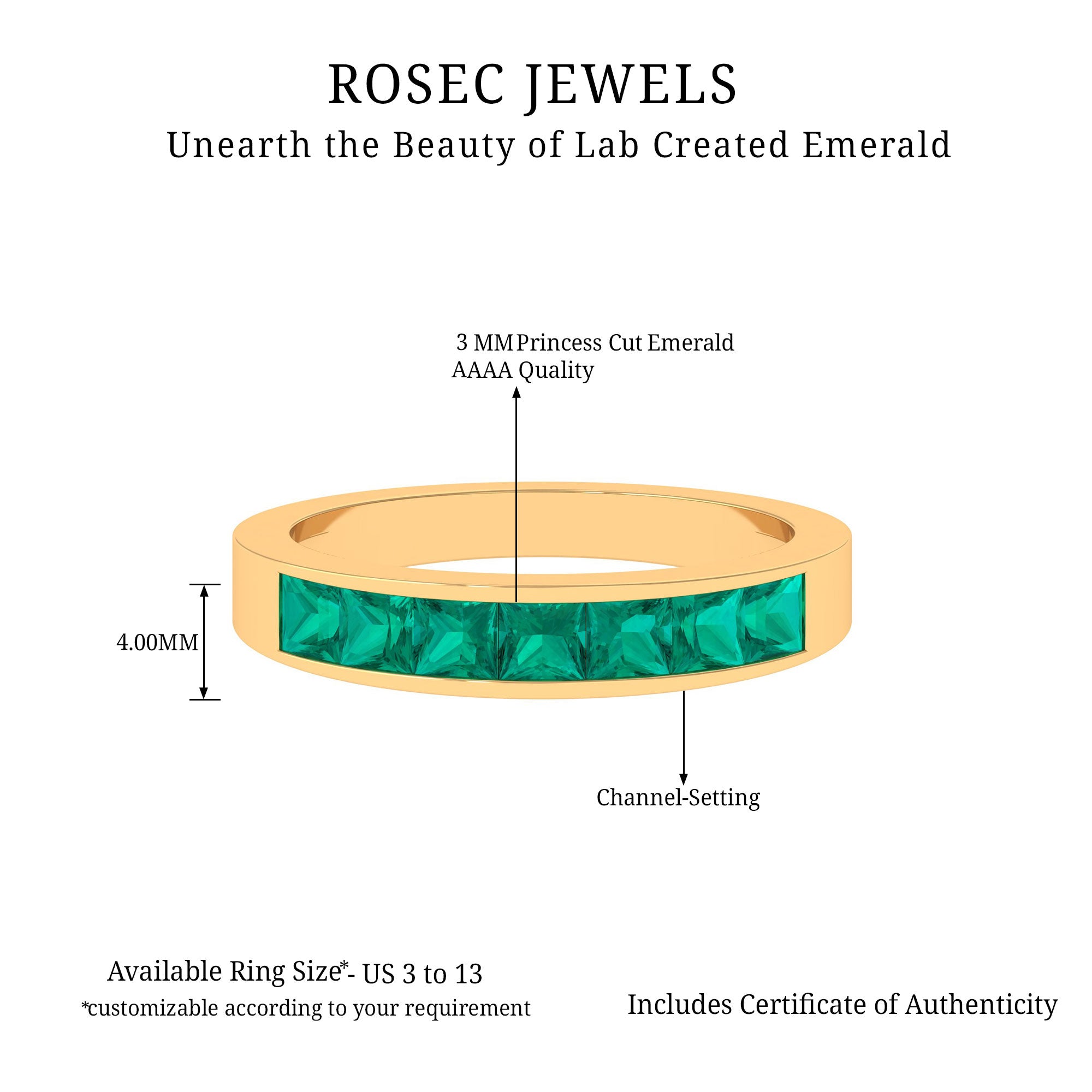 Princess Cut Created Emerald Half Eternity Band Ring in Channel Setting Lab Created Emerald - ( AAAA ) - Quality - Rosec Jewels