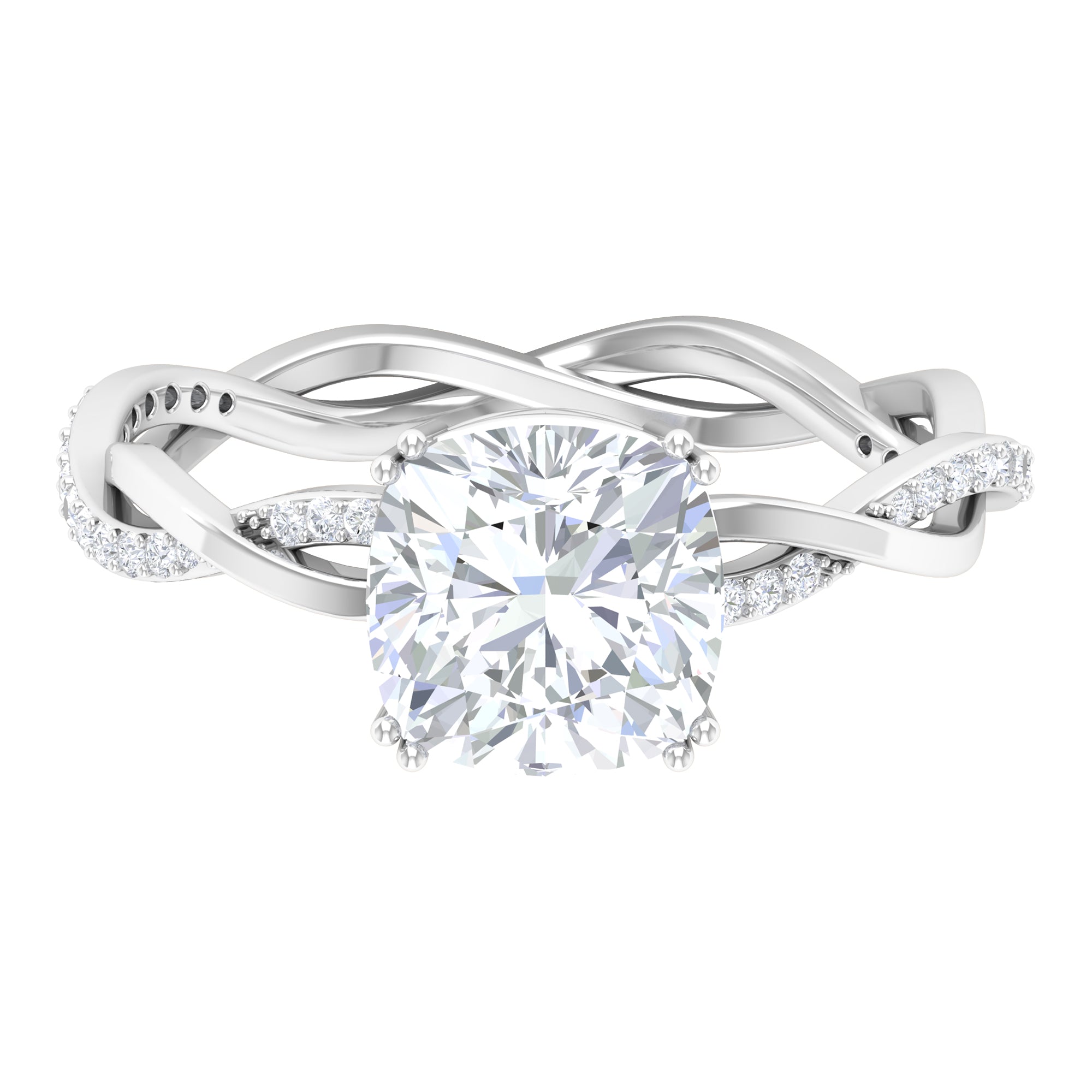 Rosec Jewels-Solitaire Ring with 8 MM Cushion Cut Moissanite in Double Prong Setting with Braided Shank