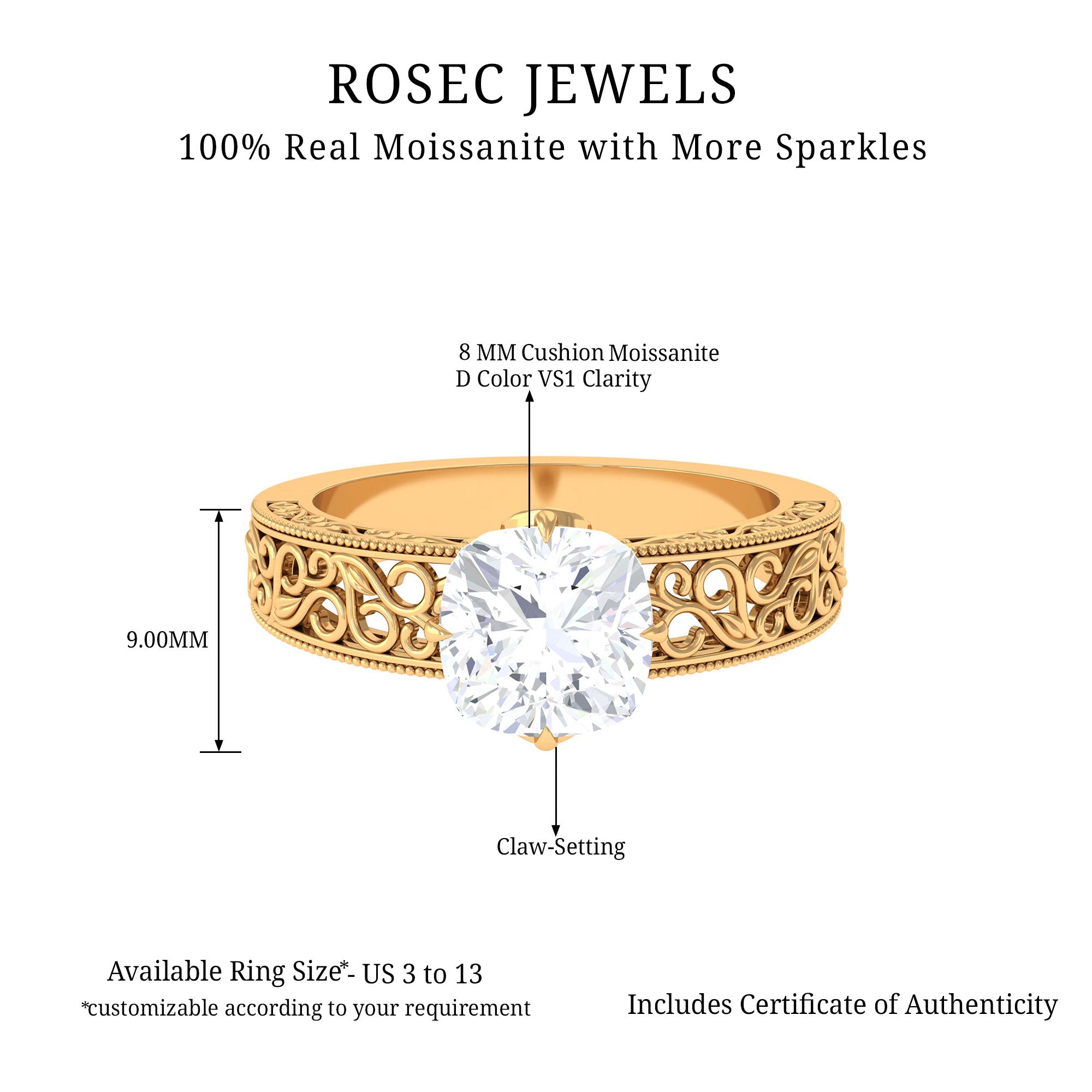 8 MM Cushion Cut Moissanite Solitaire Ring with Filigree Details Moissanite - ( D-VS1 ) - Color and Clarity - Rosec Jewels