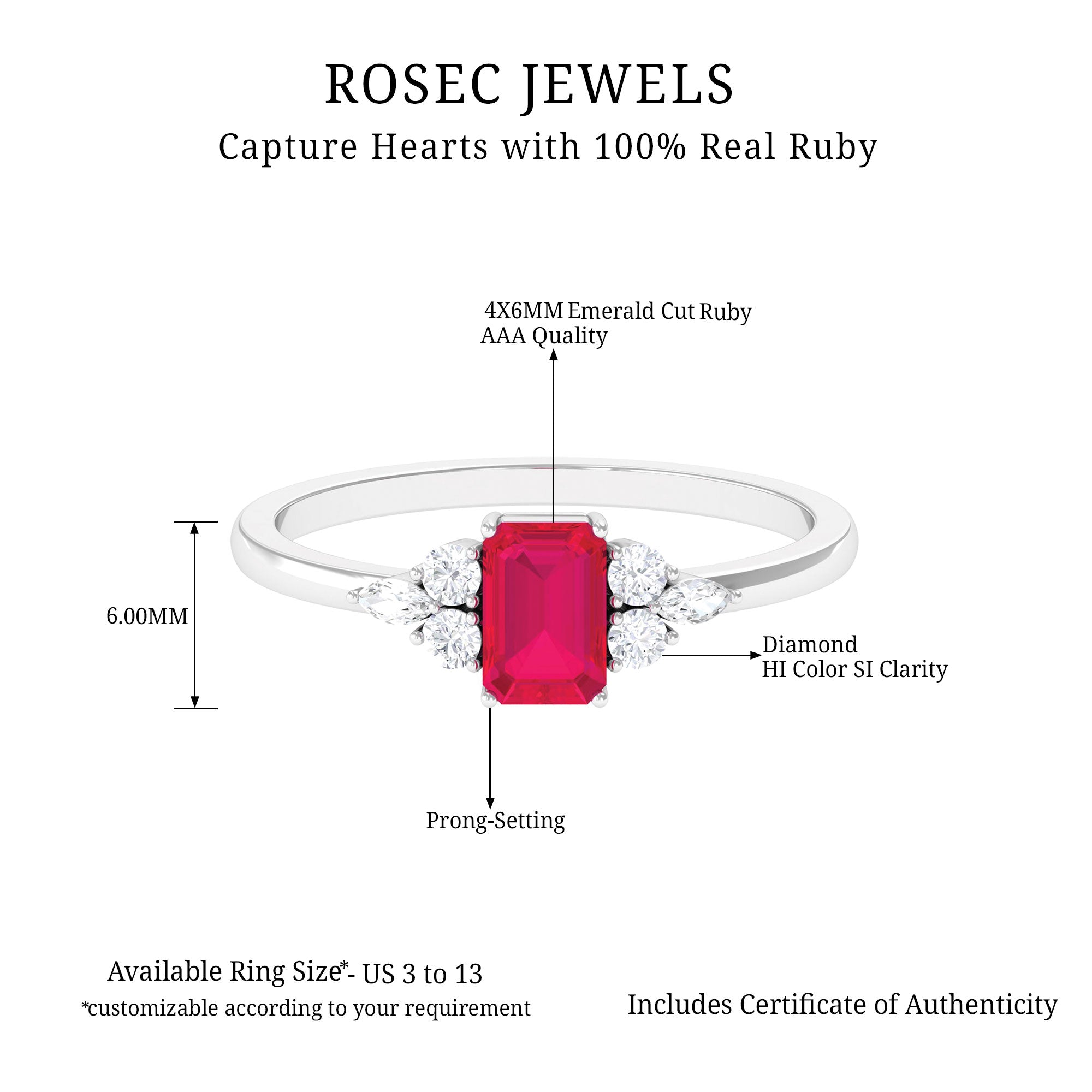 Octagon Cut Ruby Solitaire Ring with Diamond Trio Ruby - ( AAA ) - Quality - Rosec Jewels