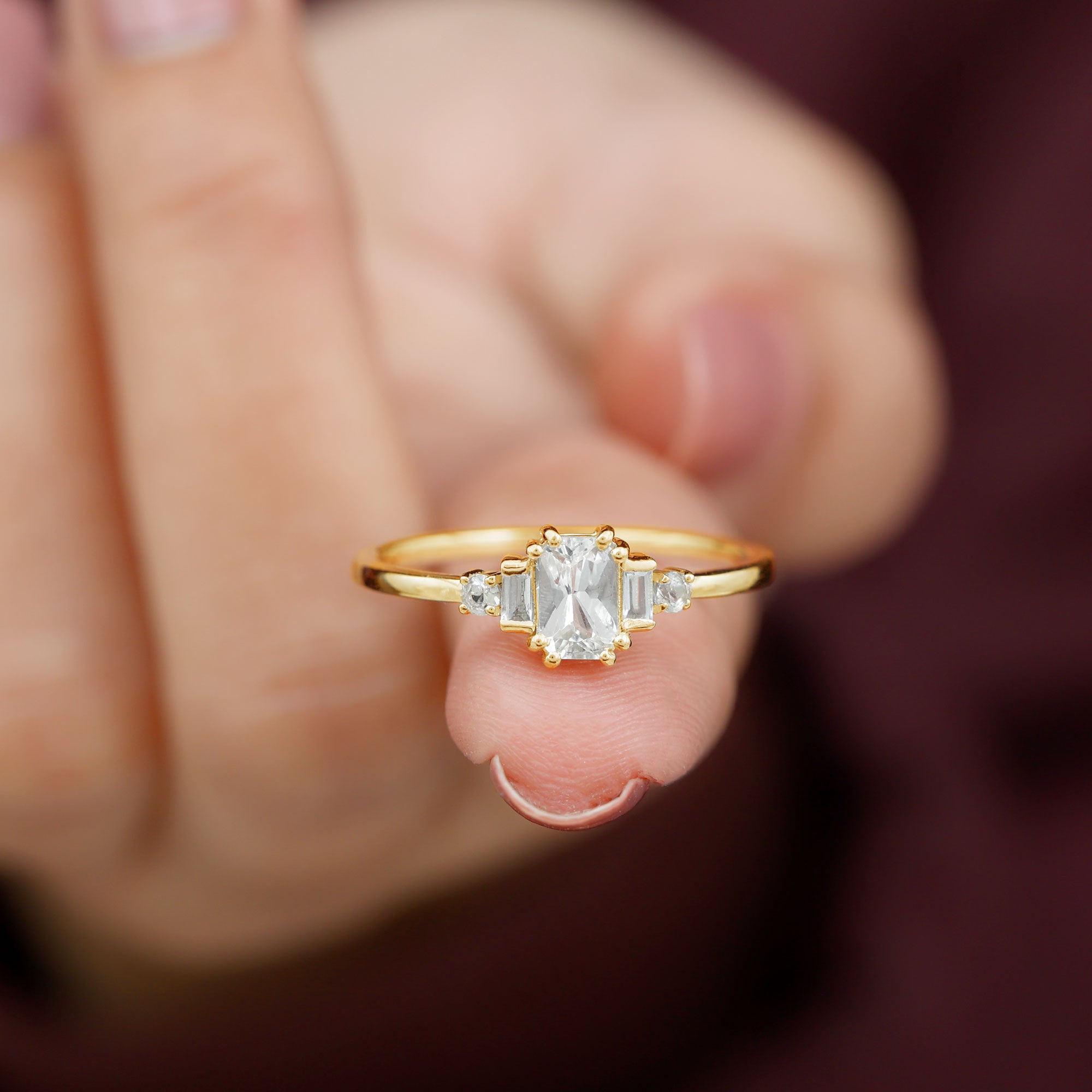 Emerald Cut White Sapphire Minimal Engagement Ring White Sapphire - ( AAA ) - Quality - Rosec Jewels