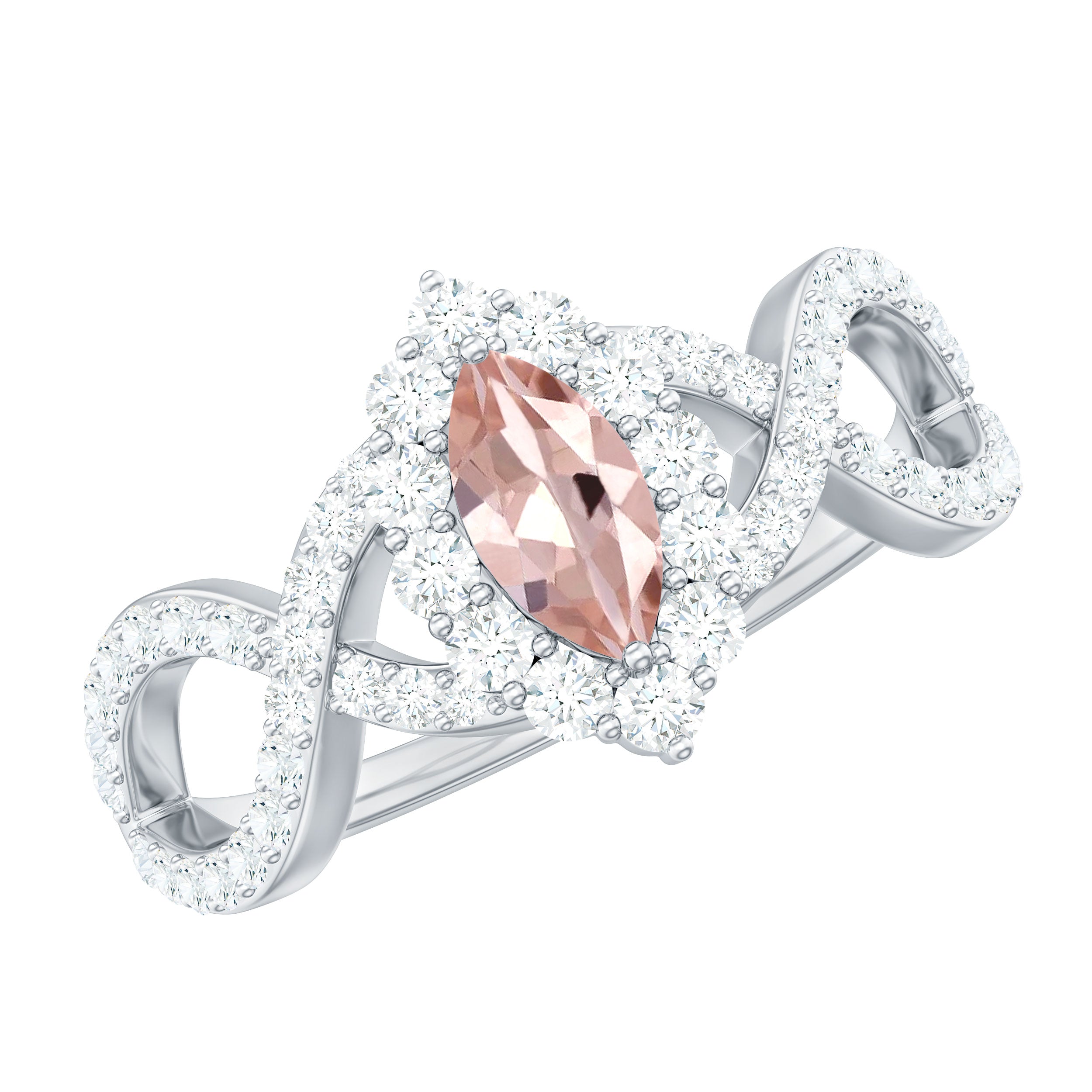 Marquise Morganite Crossover Engagement Ring with Diamond Morganite - ( AAA ) - Quality - Rosec Jewels