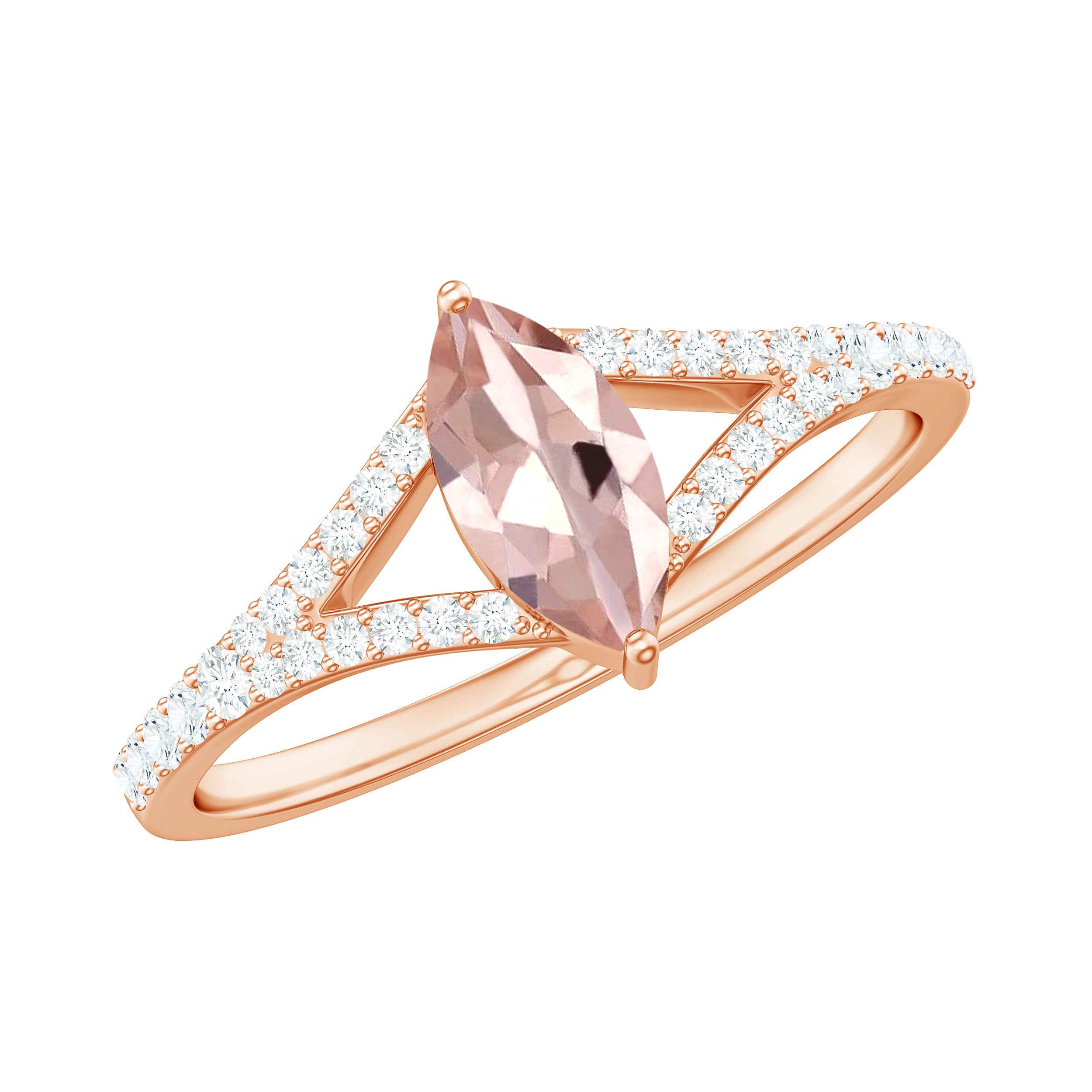 Marquise Morganite Split Shank Engagement Ring with Diamond Morganite - ( AAA ) - Quality - Rosec Jewels