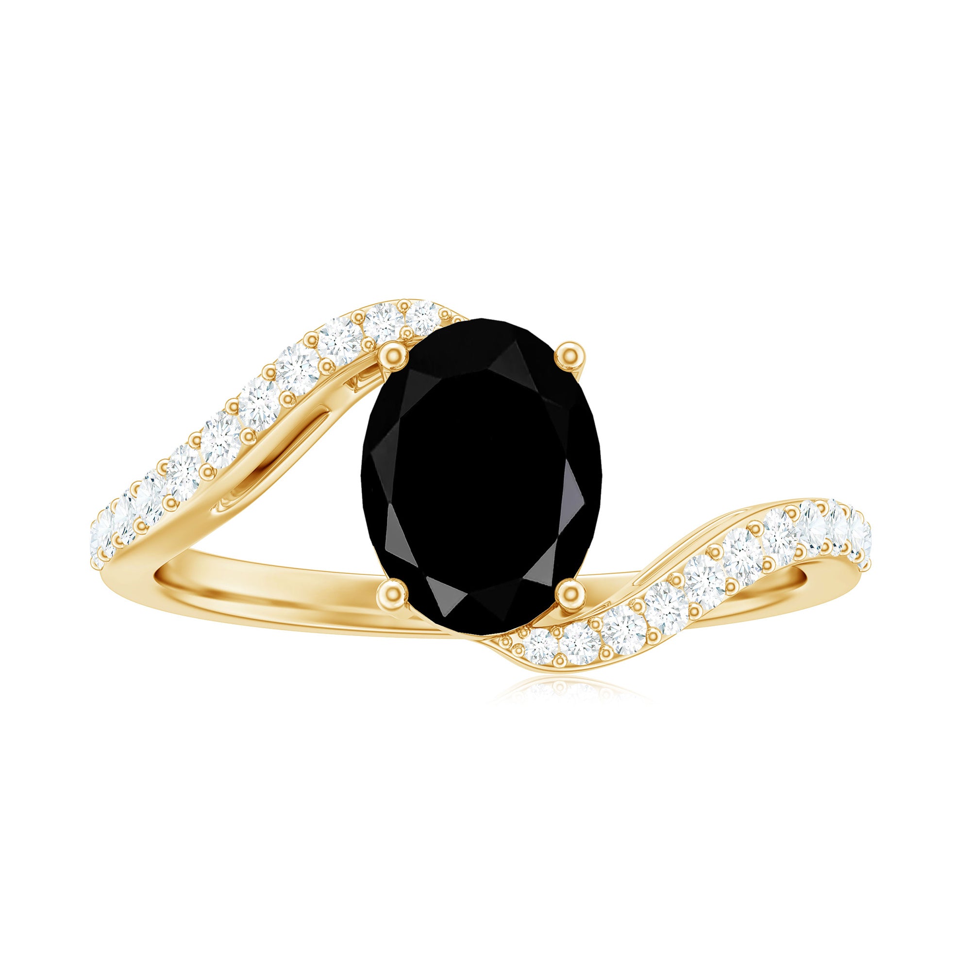 Oval Cut Solitaire Black Spinel Bypass Ring with Diamond Black Spinel - ( AAA ) - Quality - Rosec Jewels