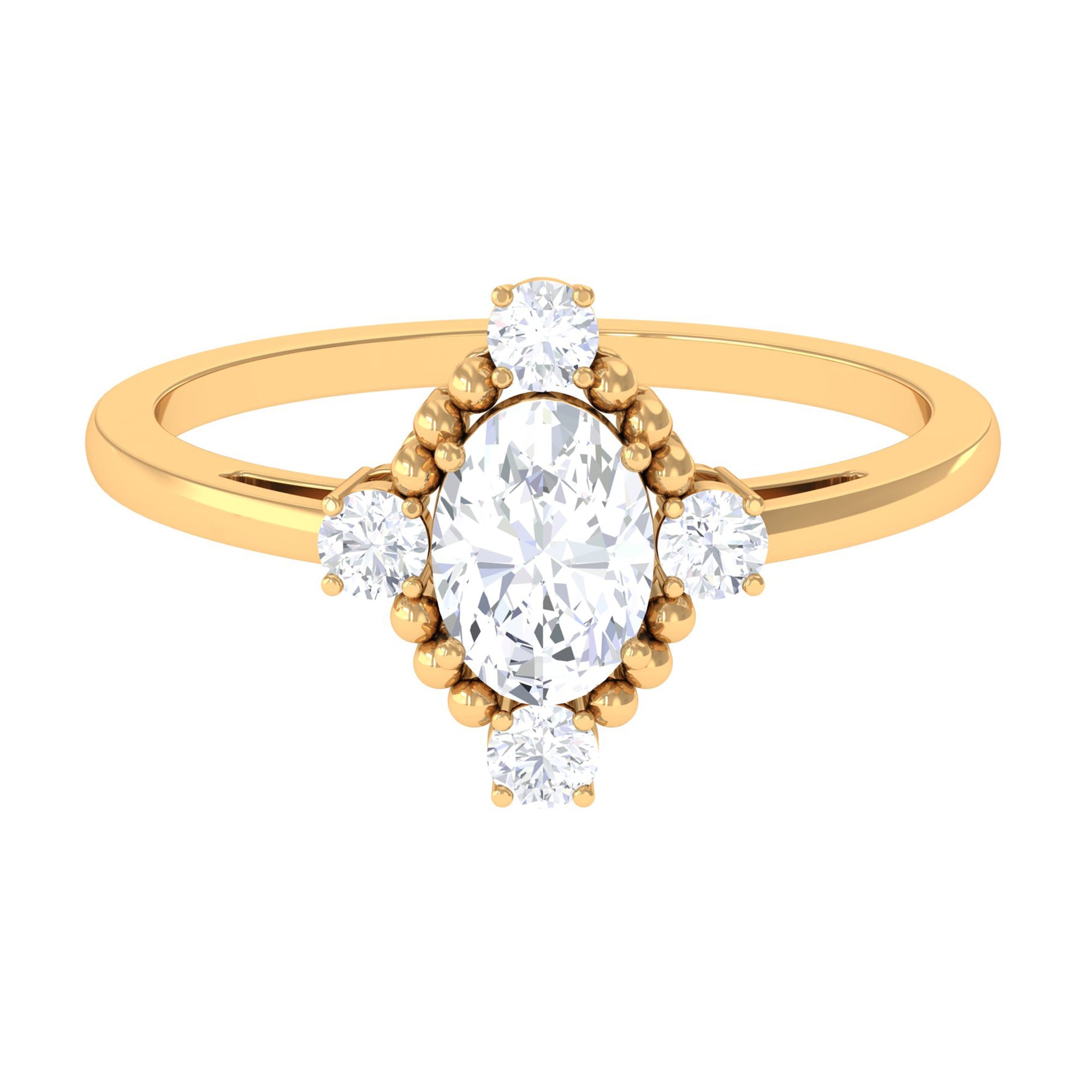 Vintage Style Oval Zircon Solitaire Engagement Ring with Gold Beaded Zircon - ( AAAA ) - Quality - Rosec Jewels