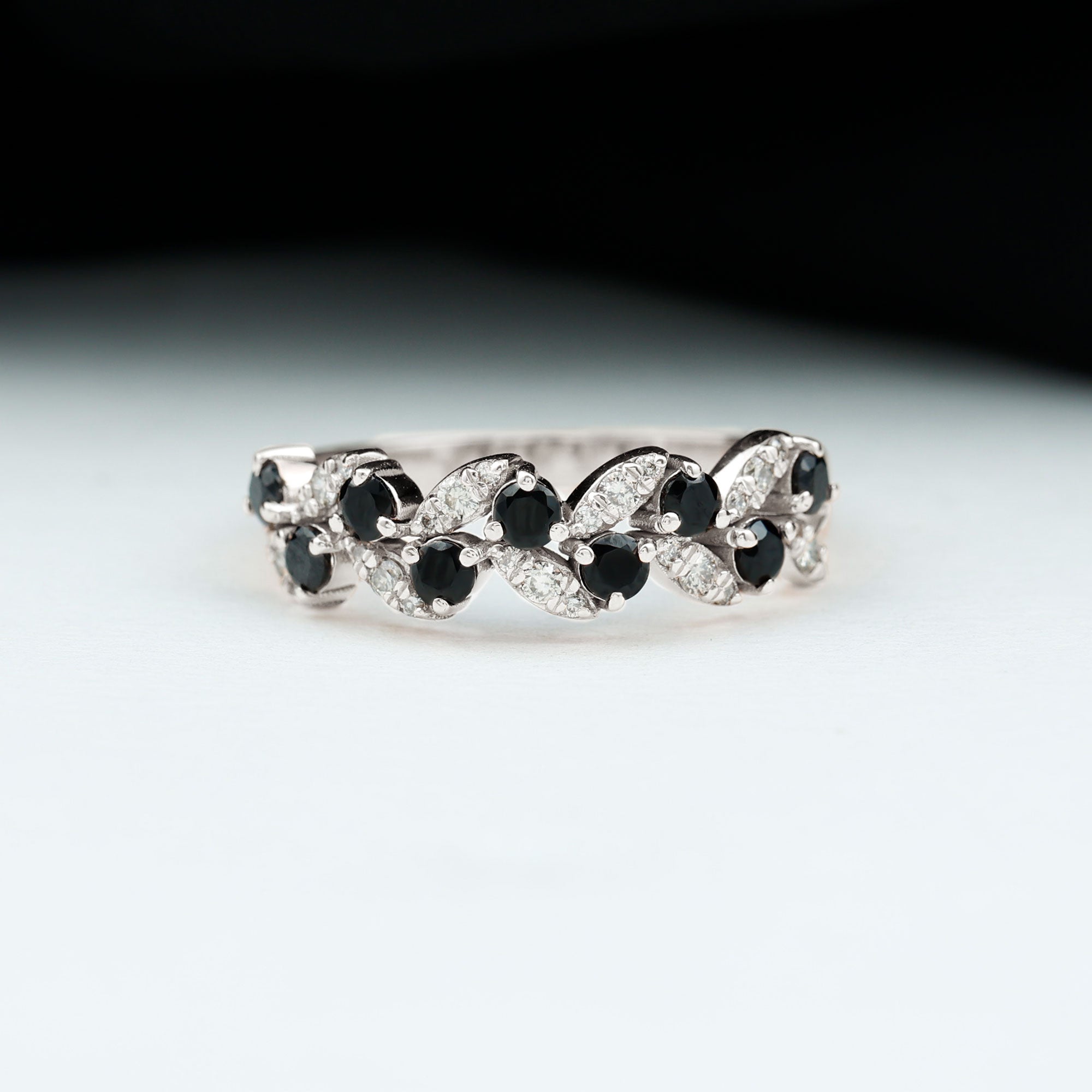 Created Black Diamond and Diamond Leaf Eternity Ring Lab Created Black Diamond - ( AAAA ) - Quality - Rosec Jewels