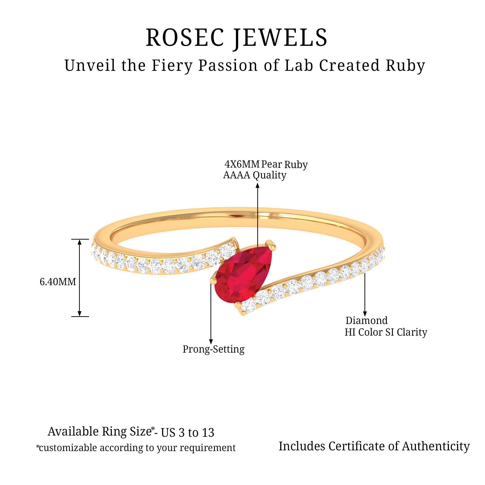 Pear Shape Lab Grown Ruby and Diamond Bypass Promise Ring Lab Created Ruby - ( AAAA ) - Quality - Rosec Jewels