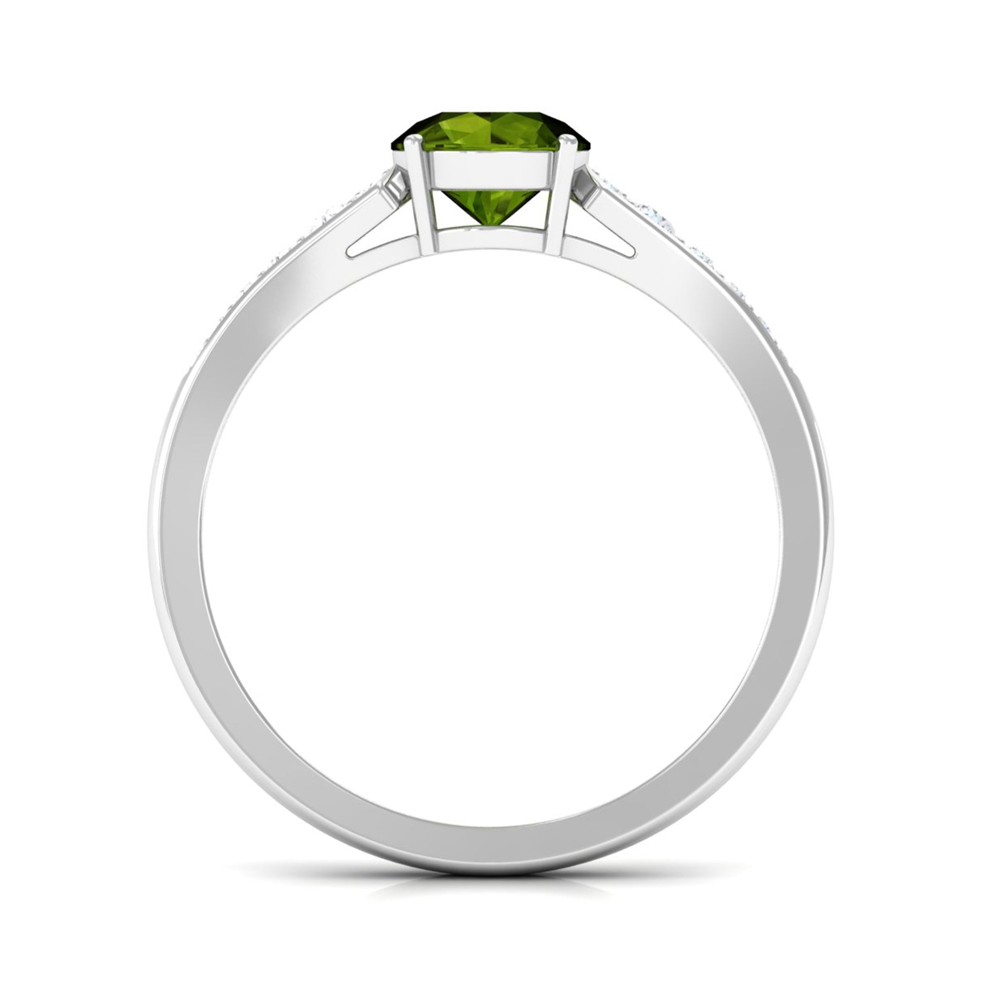 Round Peridot Solitaire Ring with Diamond Side Stones Peridot - ( AAA ) - Quality - Rosec Jewels