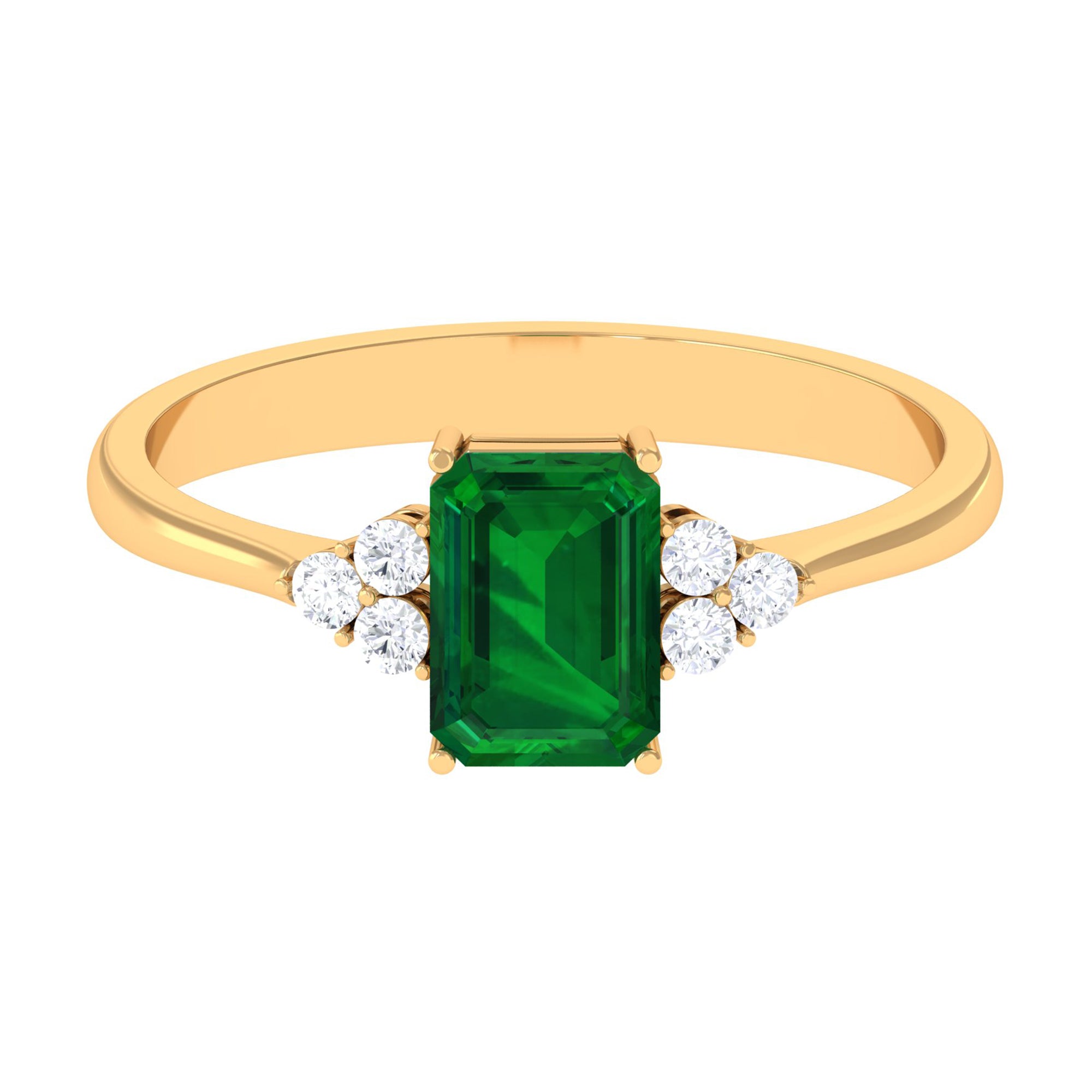 Octagon Created Emerald Solitaire Engagement Ring with Diamond Trio Lab Created Emerald - ( AAAA ) - Quality - Rosec Jewels