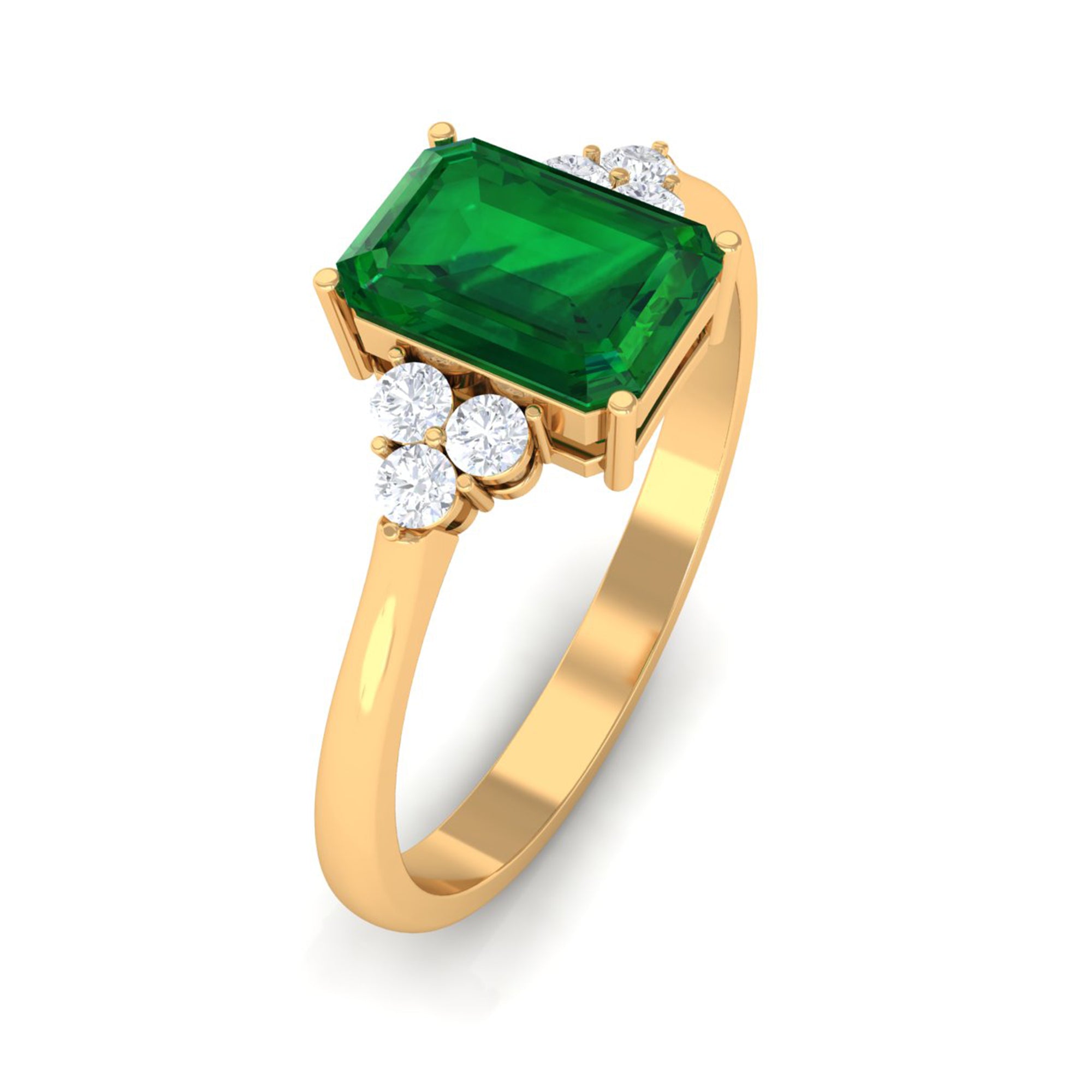 Octagon Created Emerald Solitaire Engagement Ring with Diamond Trio Lab Created Emerald - ( AAAA ) - Quality - Rosec Jewels