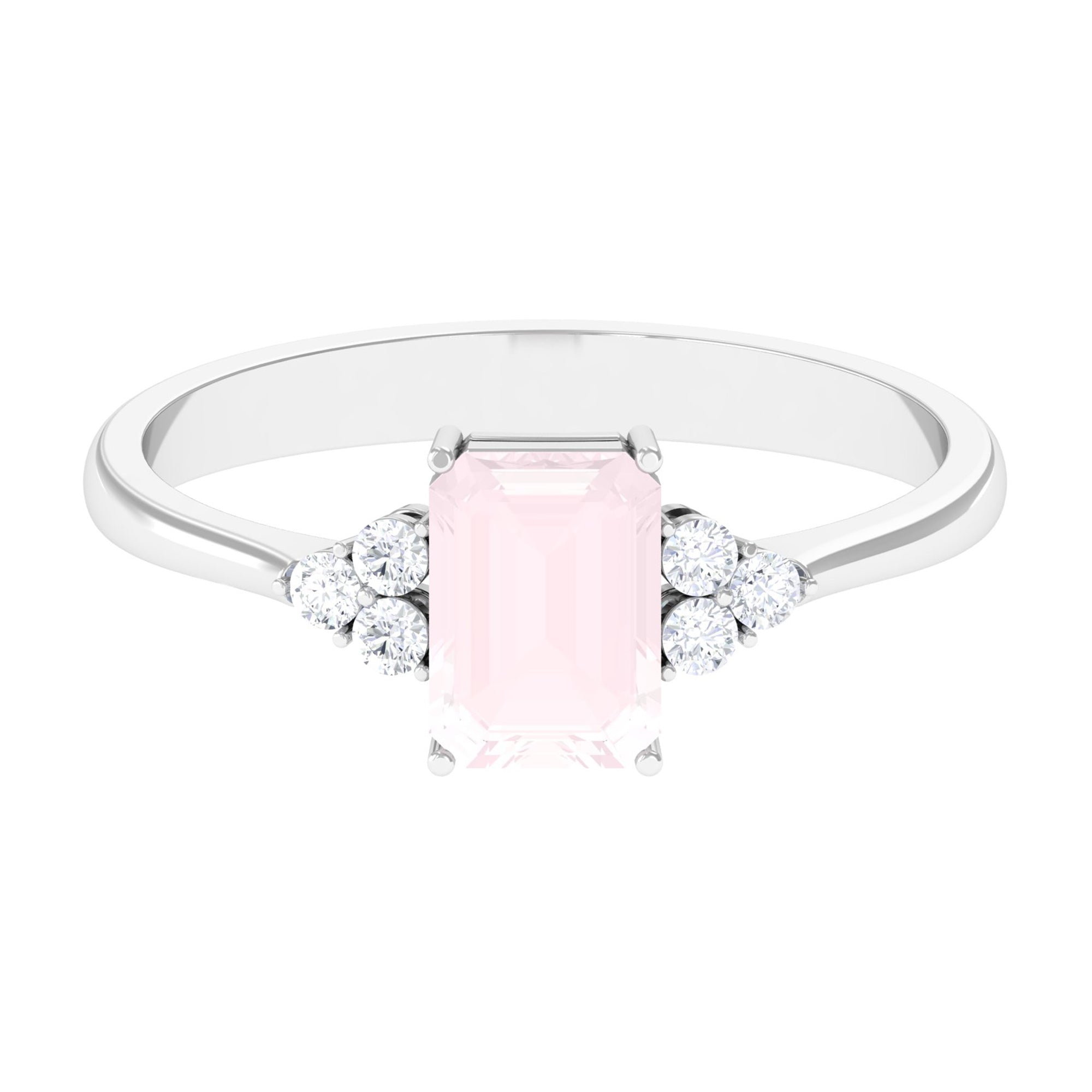 Emerald Cut Rose Quartz Solitaire Engagement Ring with Diamond Trio Rose Quartz - ( AAA ) - Quality - Rosec Jewels