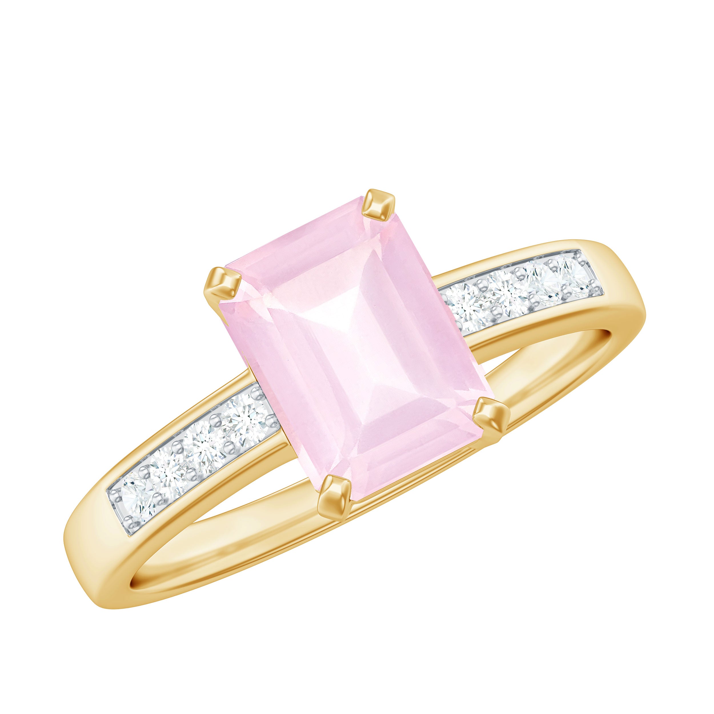 Octagon Cut Rose Quartz Solitaire Engagement Ring with Diamond Side Stones Rose Quartz - ( AAA ) - Quality - Rosec Jewels