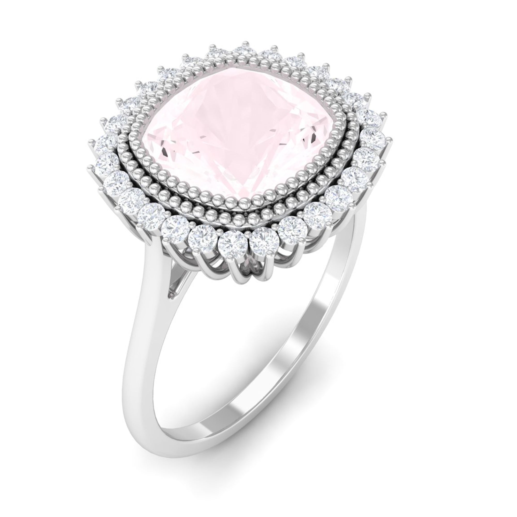 Cushion Cut Rose Quartz Statement Engagement Ring with Diamond Halo Rose Quartz - ( AAA ) - Quality - Rosec Jewels