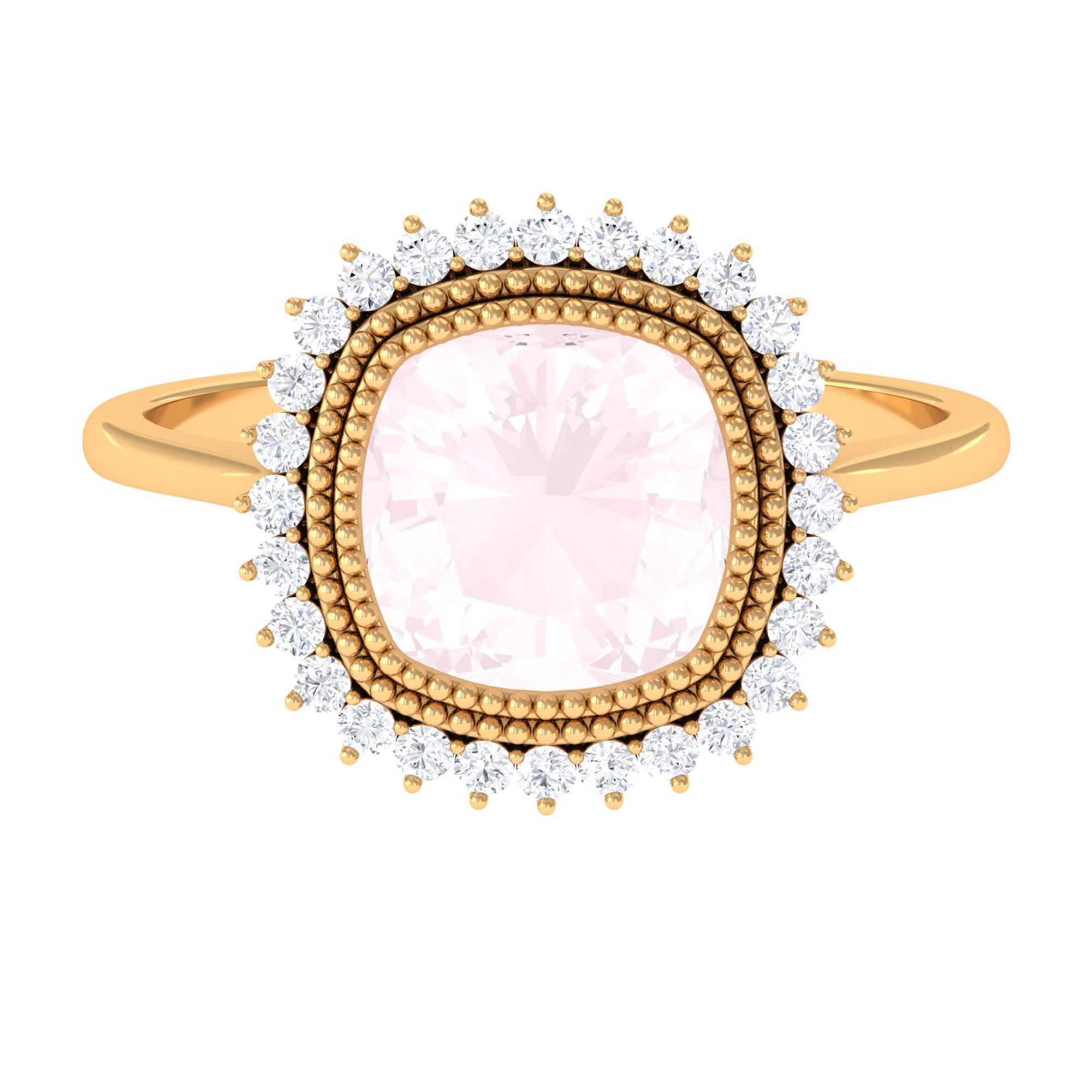 Cushion Cut Rose Quartz Statement Engagement Ring with Diamond Halo Rose Quartz - ( AAA ) - Quality - Rosec Jewels