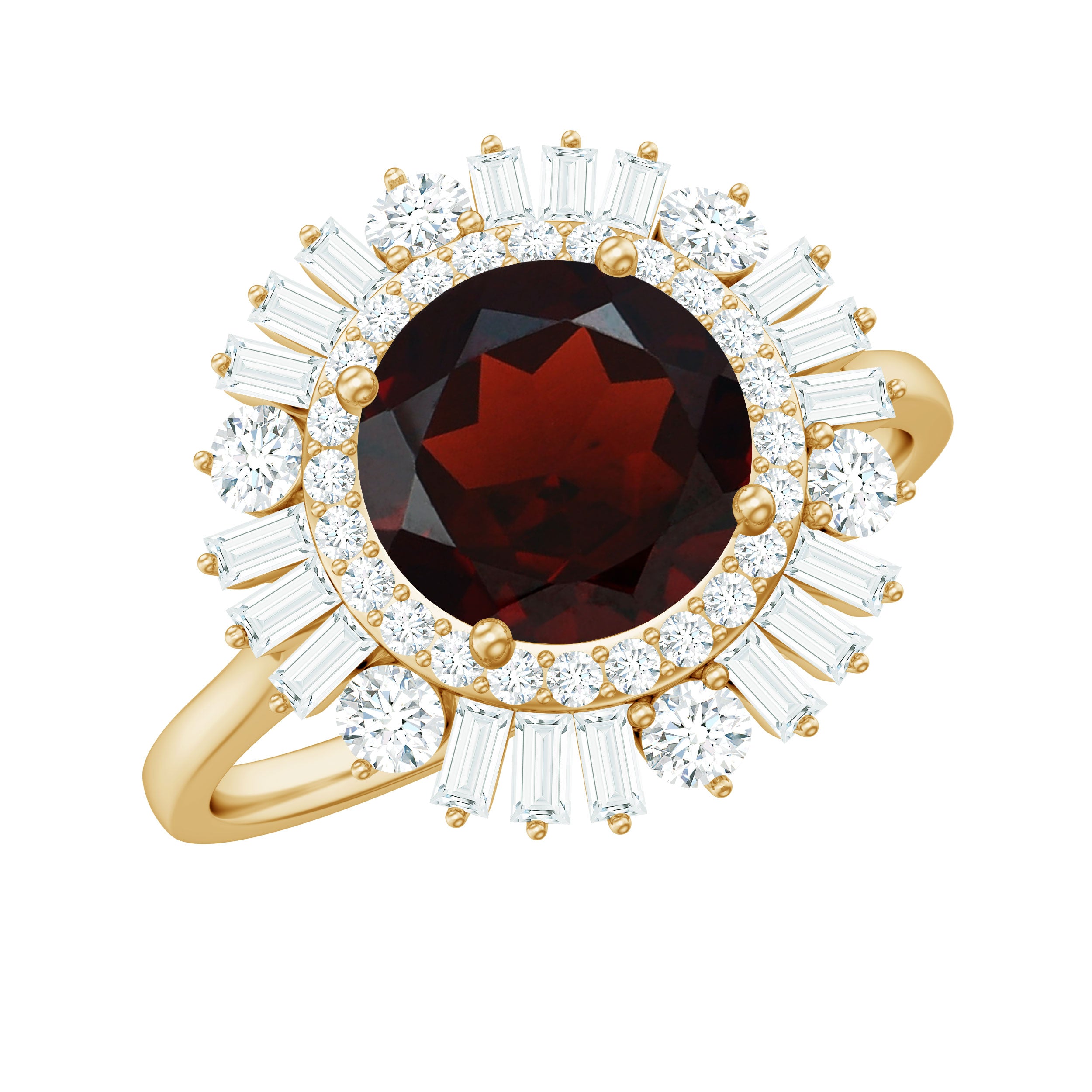 Round Garnet Cocktail Engagement Ring with Diamond Double Halo Garnet - ( AAA ) - Quality - Rosec Jewels