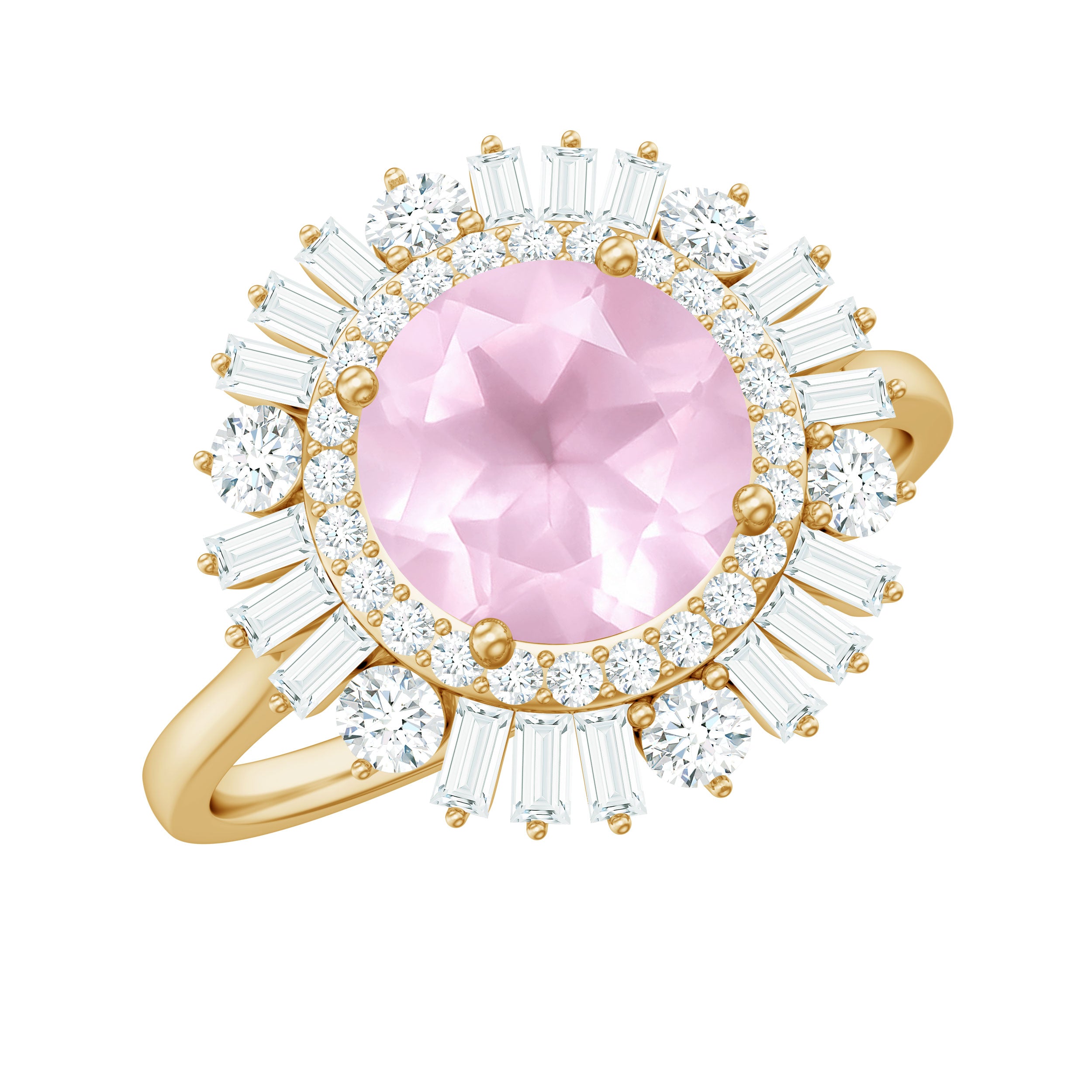 2 CT Round Rose Quartz Cocktail Ring with Moissanite Double Halo Rose Quartz - ( AAA ) - Quality - Rosec Jewels