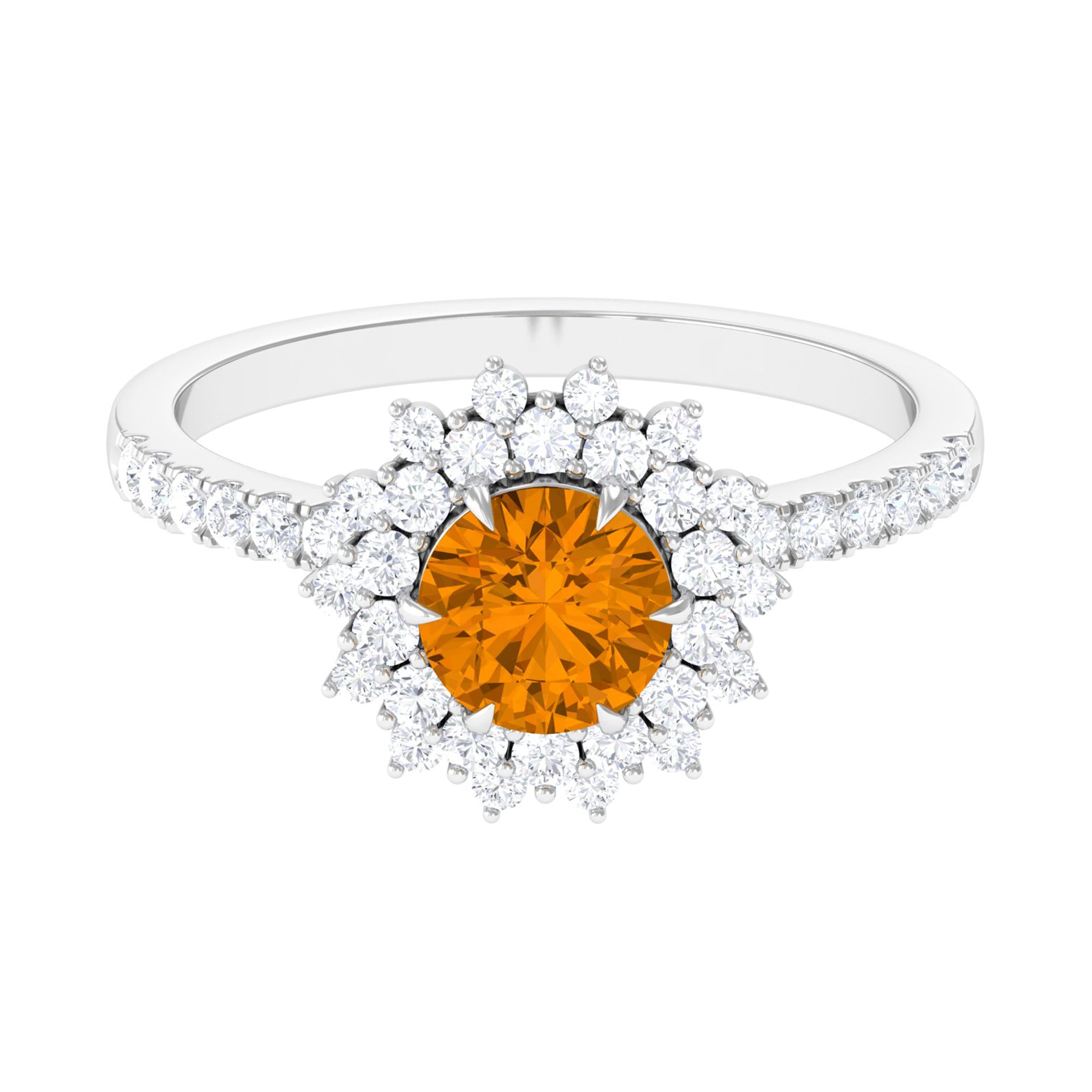 Round Citrine Statement Engagement Ring with Moissanite Cluster Halo Citrine - ( AAA ) - Quality - Rosec Jewels