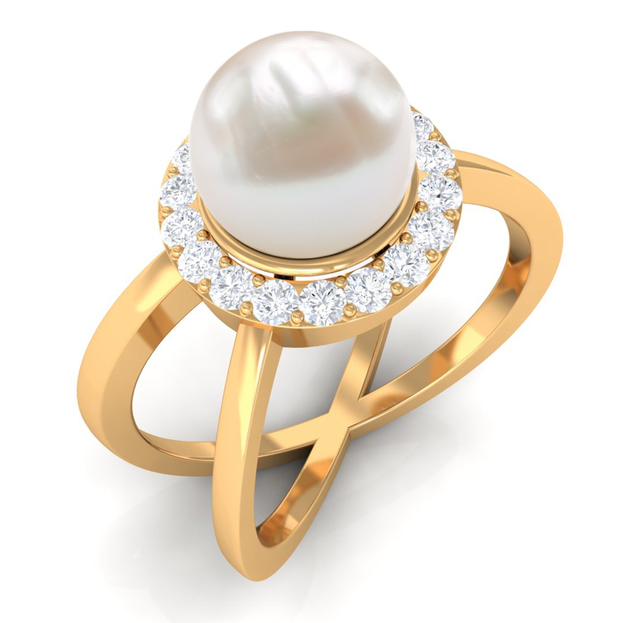 Freshwater Pearl Criss Cross Engagement Ring with Diamond Halo Freshwater Pearl - ( AAA ) - Quality - Rosec Jewels