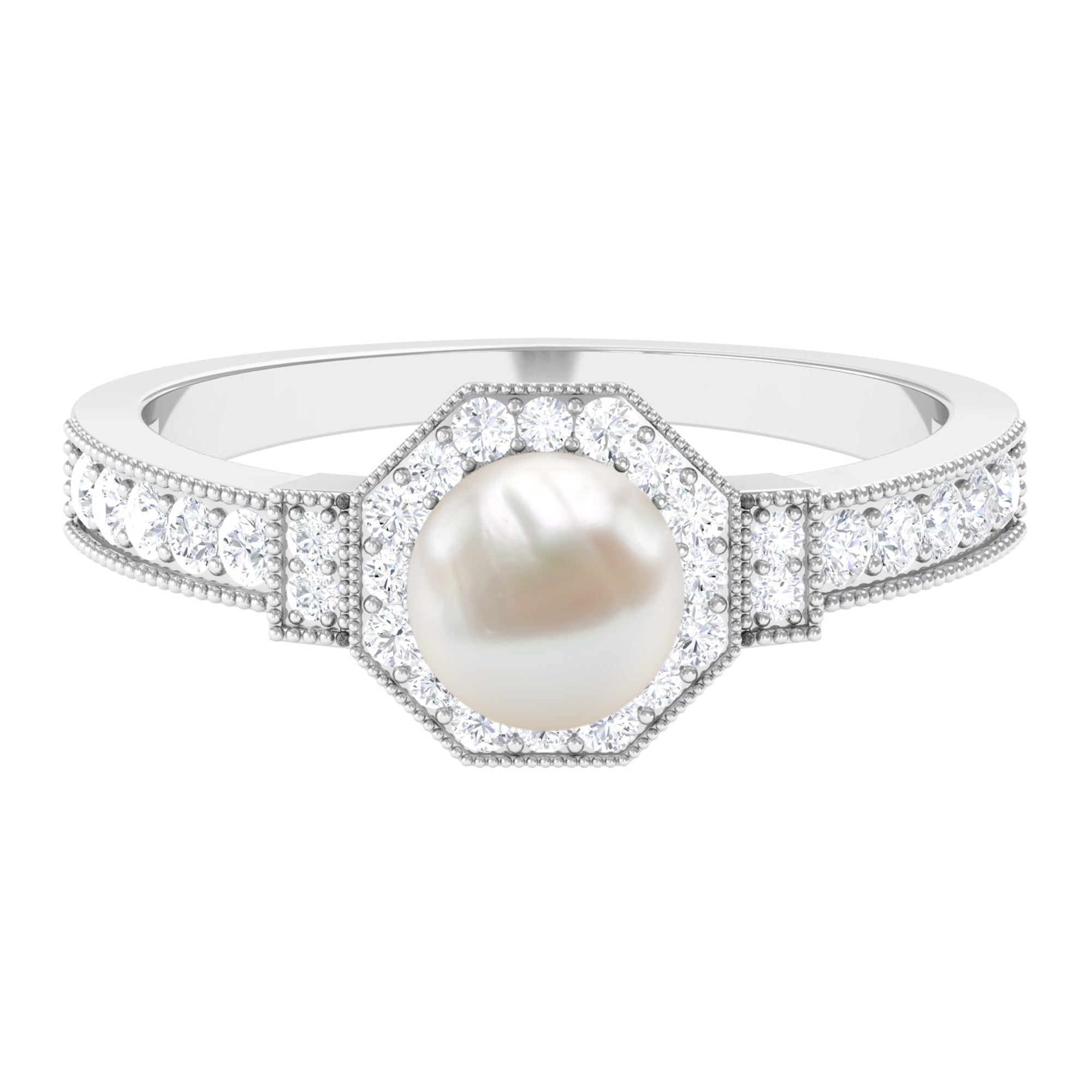 Vintage Inspired Freshwater Pearl Halo Ring with Diamond Freshwater Pearl - ( AAA ) - Quality - Rosec Jewels