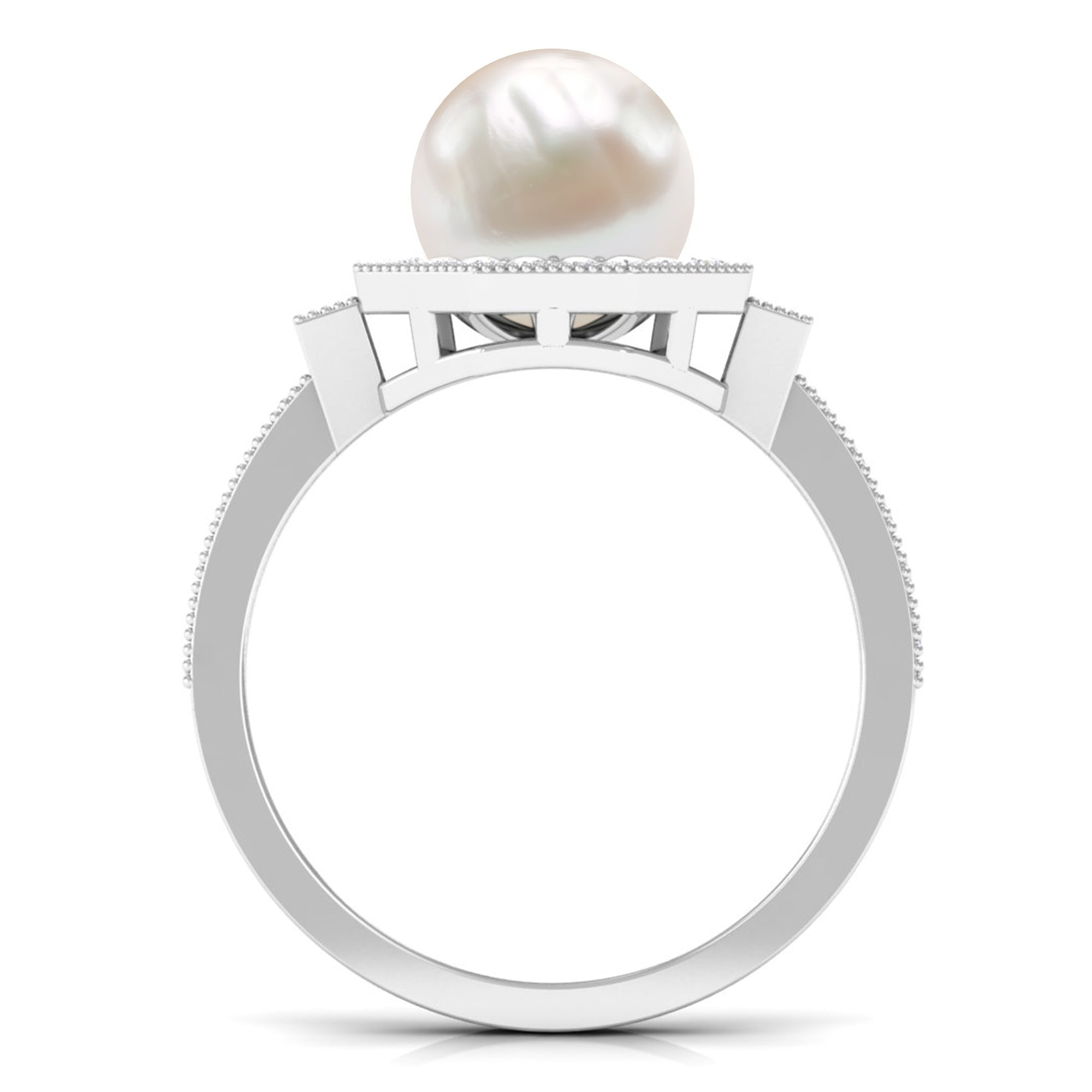 Vintage Inspired Freshwater Pearl Halo Ring with Diamond Freshwater Pearl - ( AAA ) - Quality - Rosec Jewels