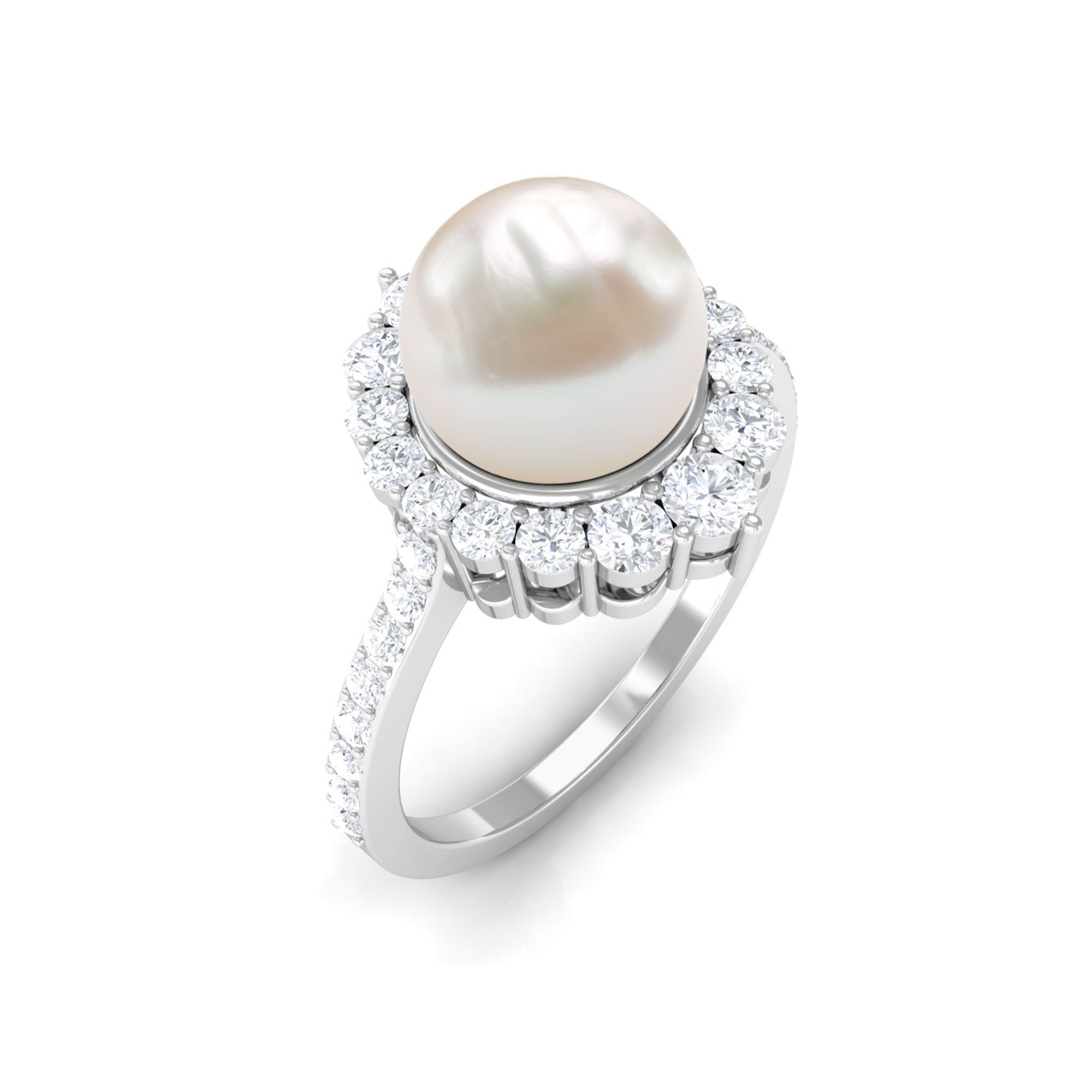 Classic Freshwater Pearl and Diamond Halo Ring Freshwater Pearl - ( AAA ) - Quality - Rosec Jewels