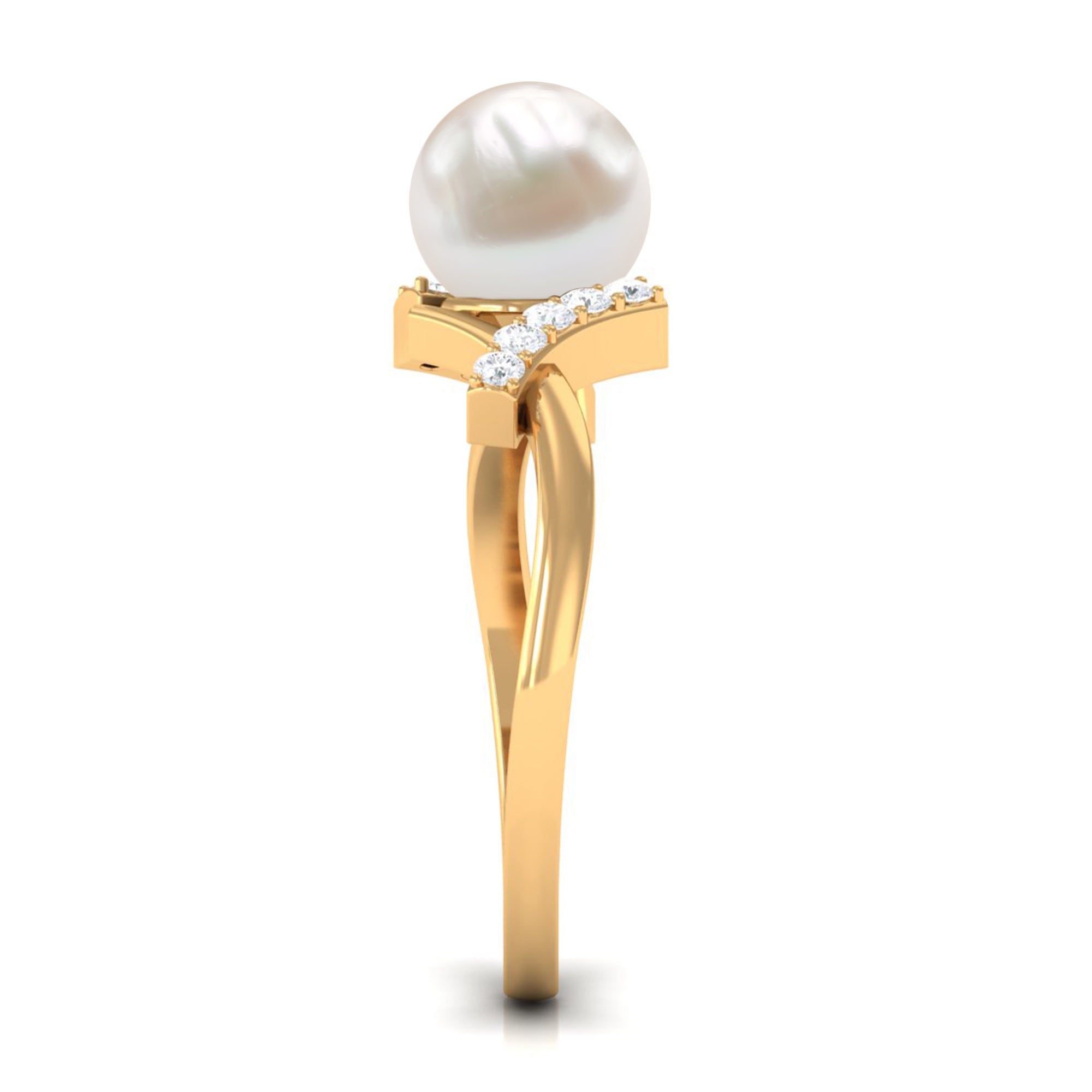 Pure Freshwater Pearl Solitaire Crossover Ring with Diamond Freshwater Pearl - ( AAA ) - Quality - Rosec Jewels