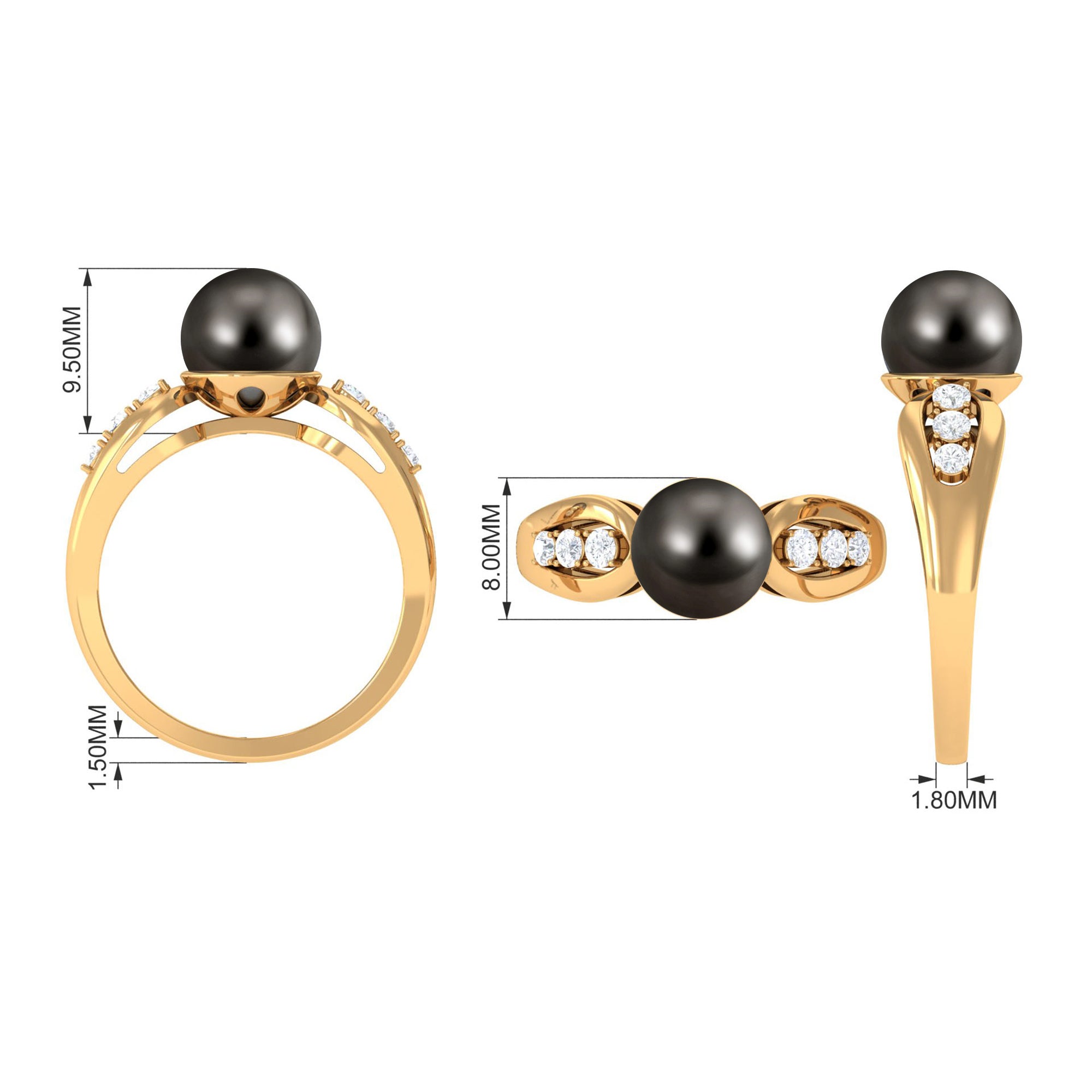 Solitaire Tahitian Pearl Engagement Ring with Diamond Side Stones Tahitian pearl - ( AAA ) - Quality - Rosec Jewels