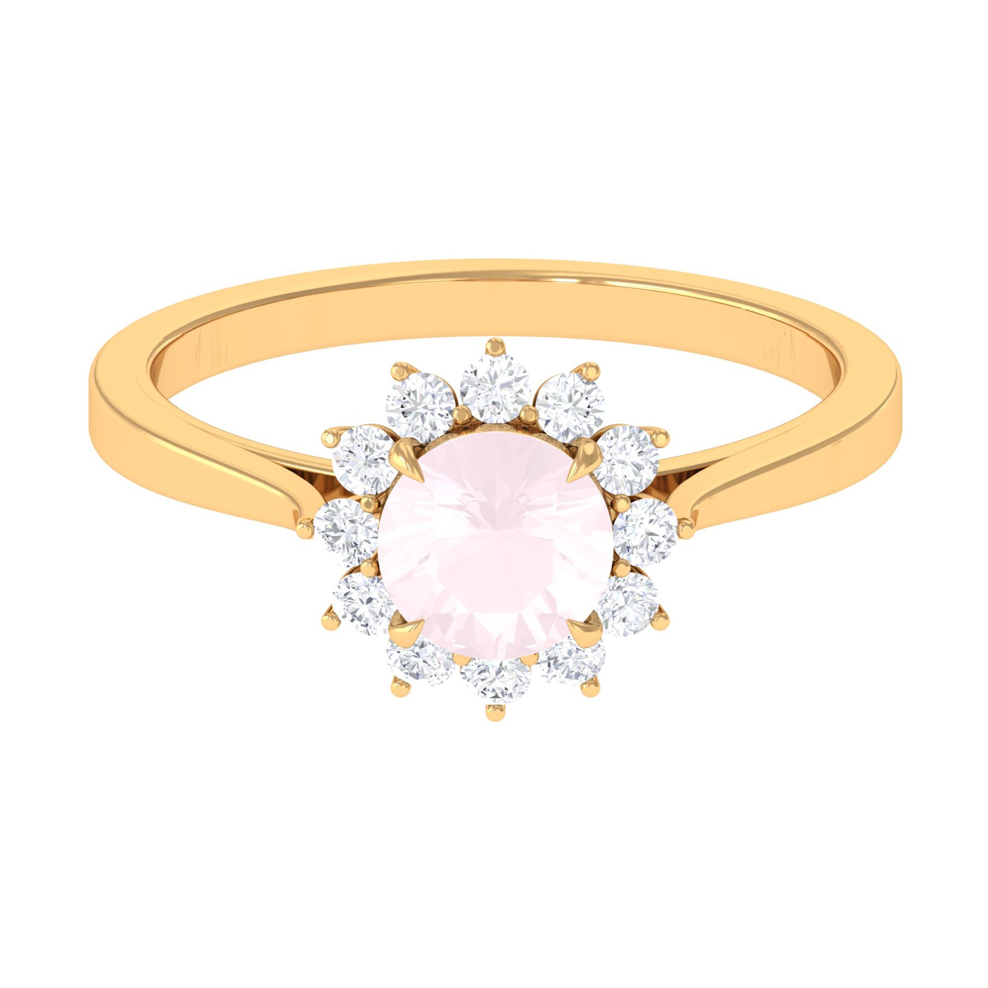 Round Shape Natural Rose Quartz Halo Ring with Diamond Rose Quartz - ( AAA ) - Quality - Rosec Jewels