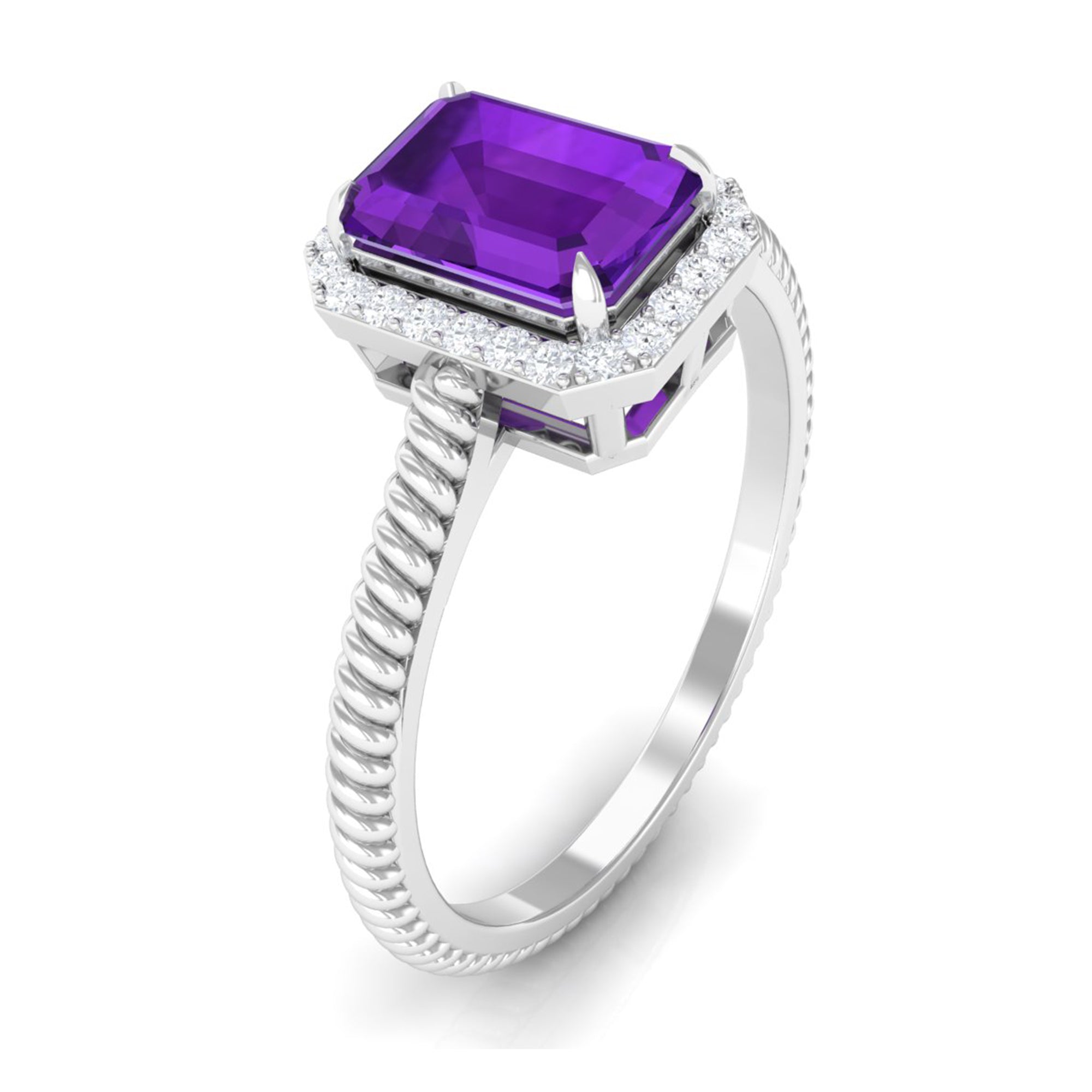 1.5 CT Octagon Cut Amethyst Solitaire Engagement Ring with Diamond Halo Amethyst - ( AAA ) - Quality - Rosec Jewels