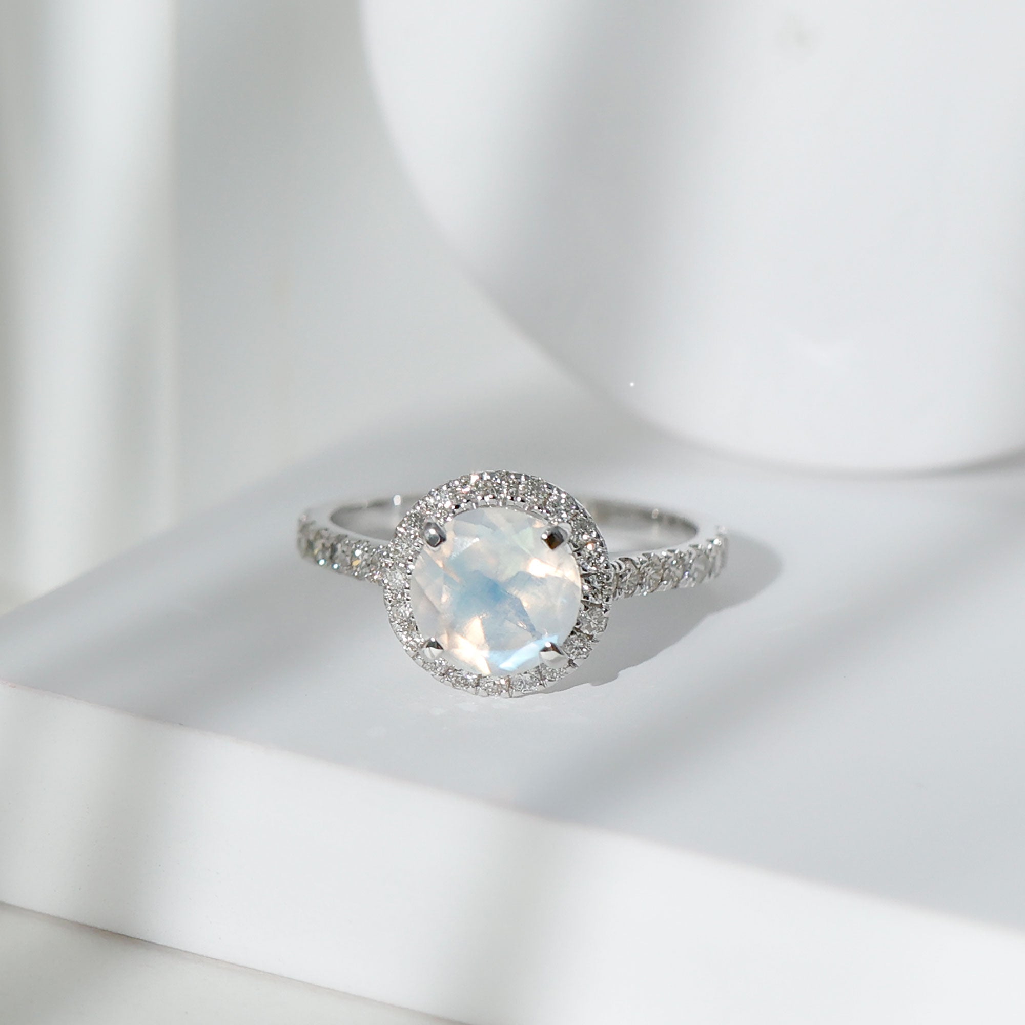 1.75 CT Round Moonstone Halo Engagement Ring with Diamond Moonstone - ( AAA ) - Quality - Rosec Jewels