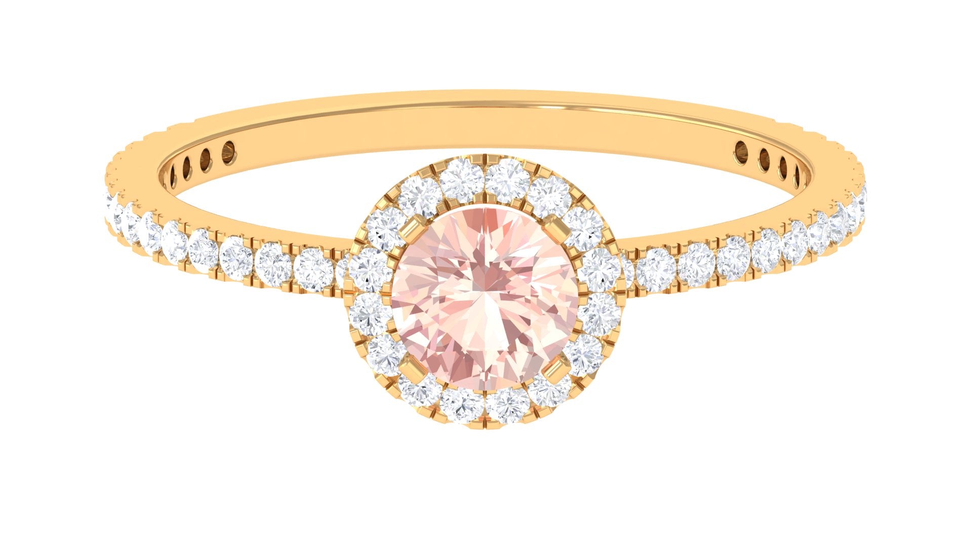 Round Shape Morganite Halo Engagement Ring with Diamond Morganite - ( AAA ) - Quality - Rosec Jewels