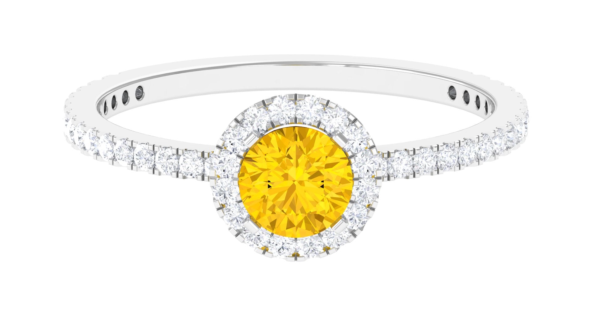 Round Shape Yellow Sapphire Halo Engagement Ring with Diamond Yellow Sapphire - ( AAA ) - Quality - Rosec Jewels